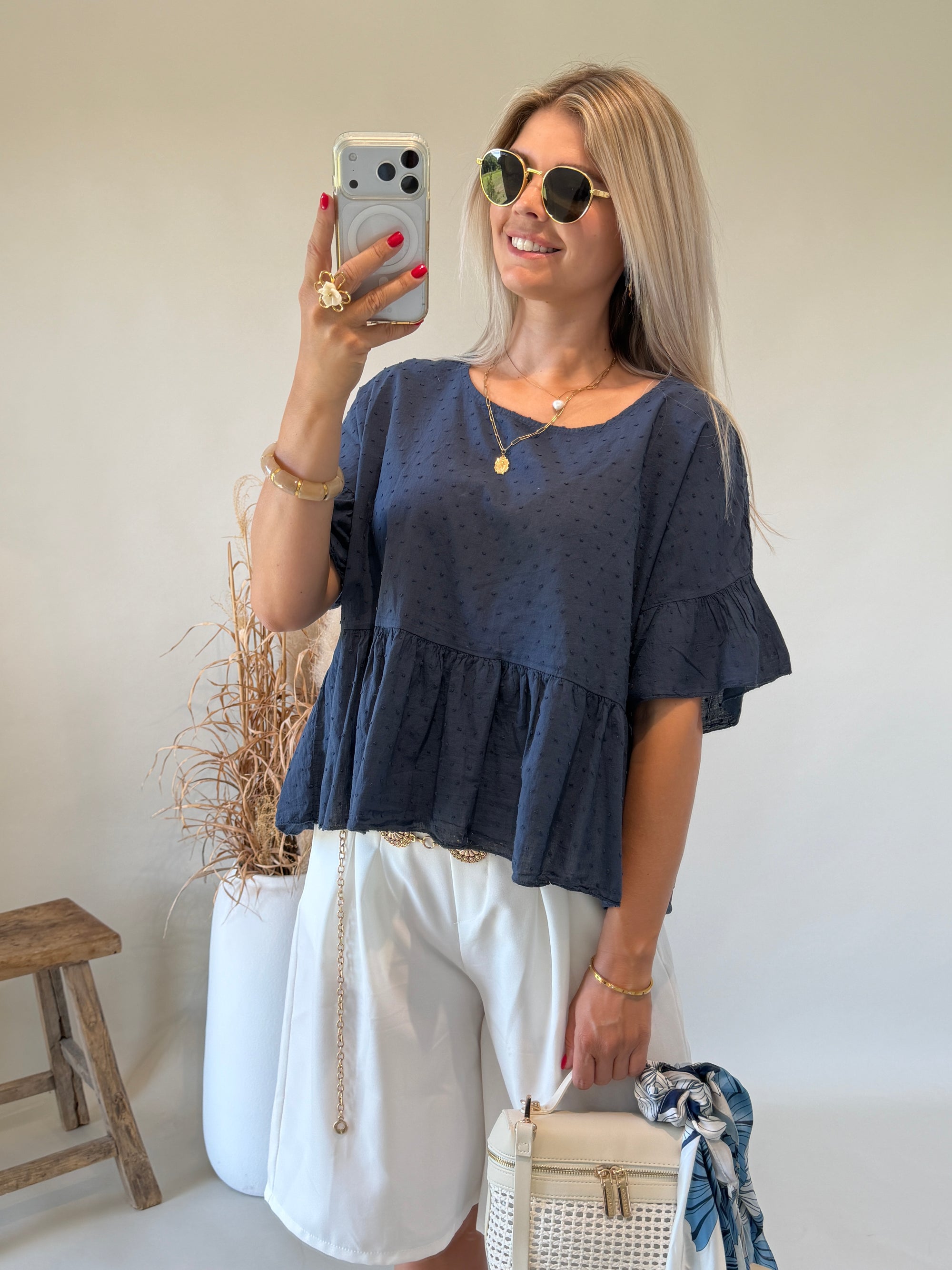 Bluse in Dunkelblau mit Pünktchen - Muster