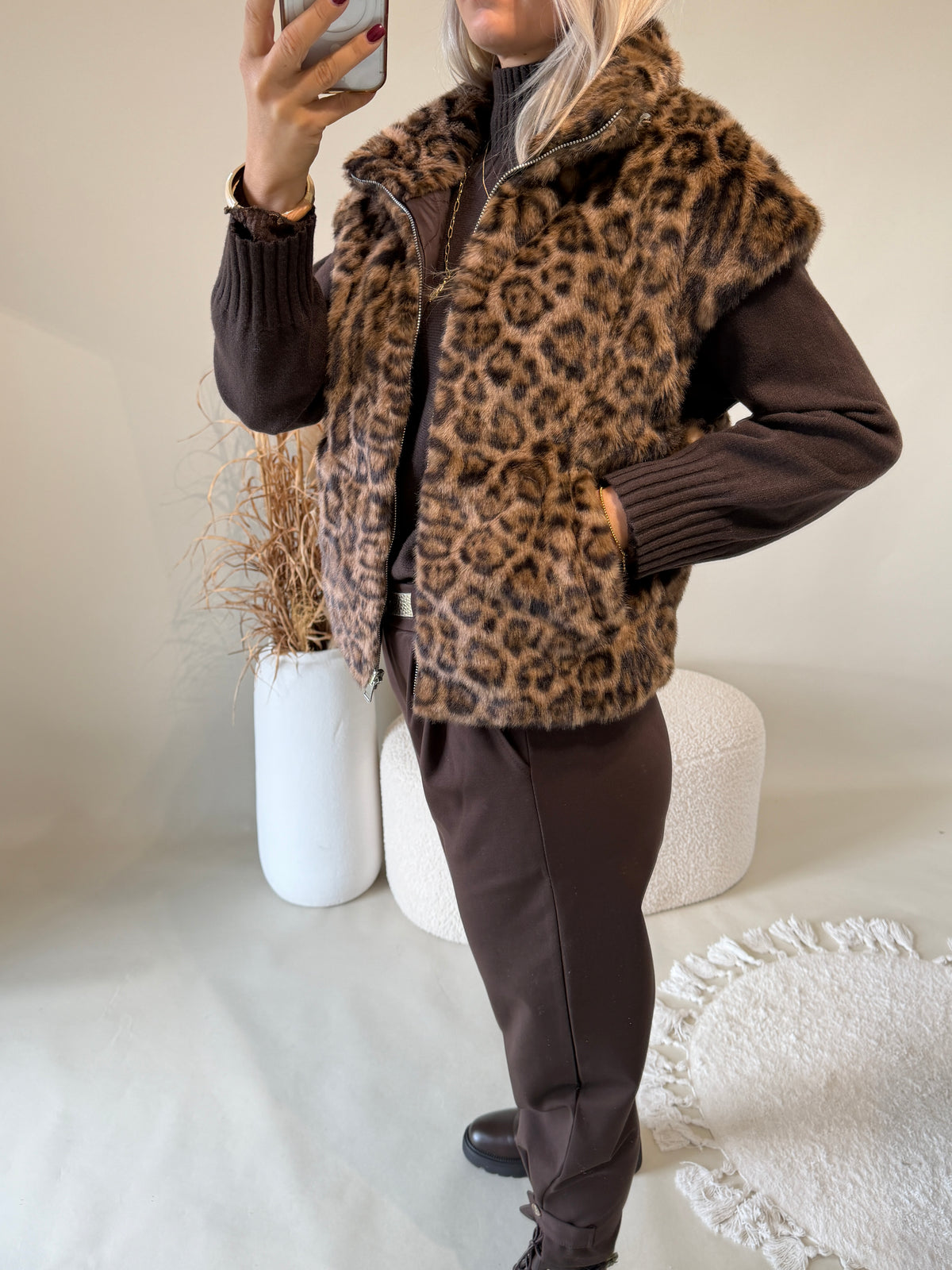 Weste in Leopard Print / Schokobraun ( Wendejacke / Kunstfell )
