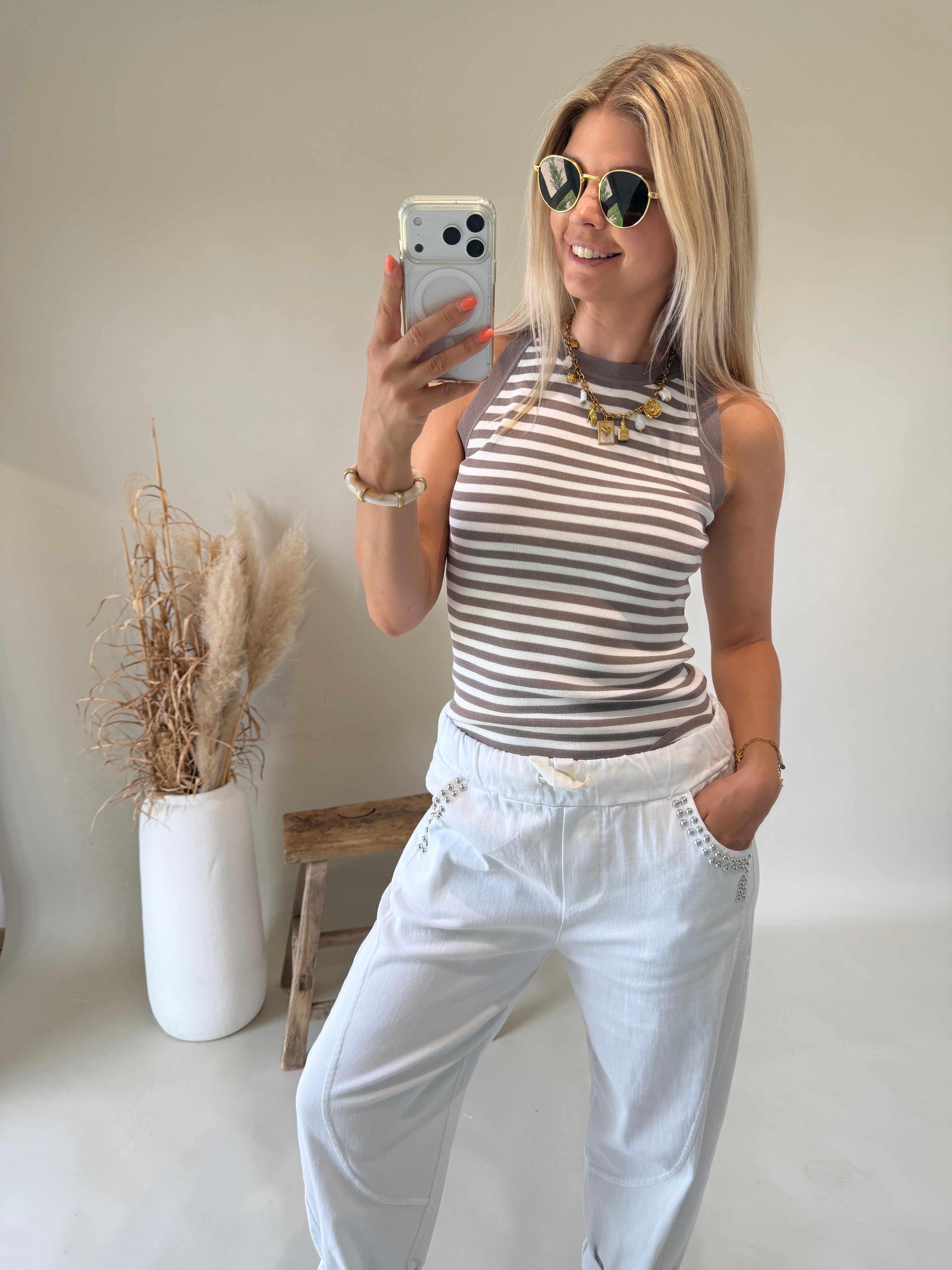 Top in Taupe / Weiß gestreift