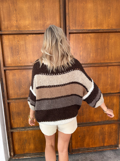 Pullover in Schokobraun/Beige/Wollweiß kurzarm