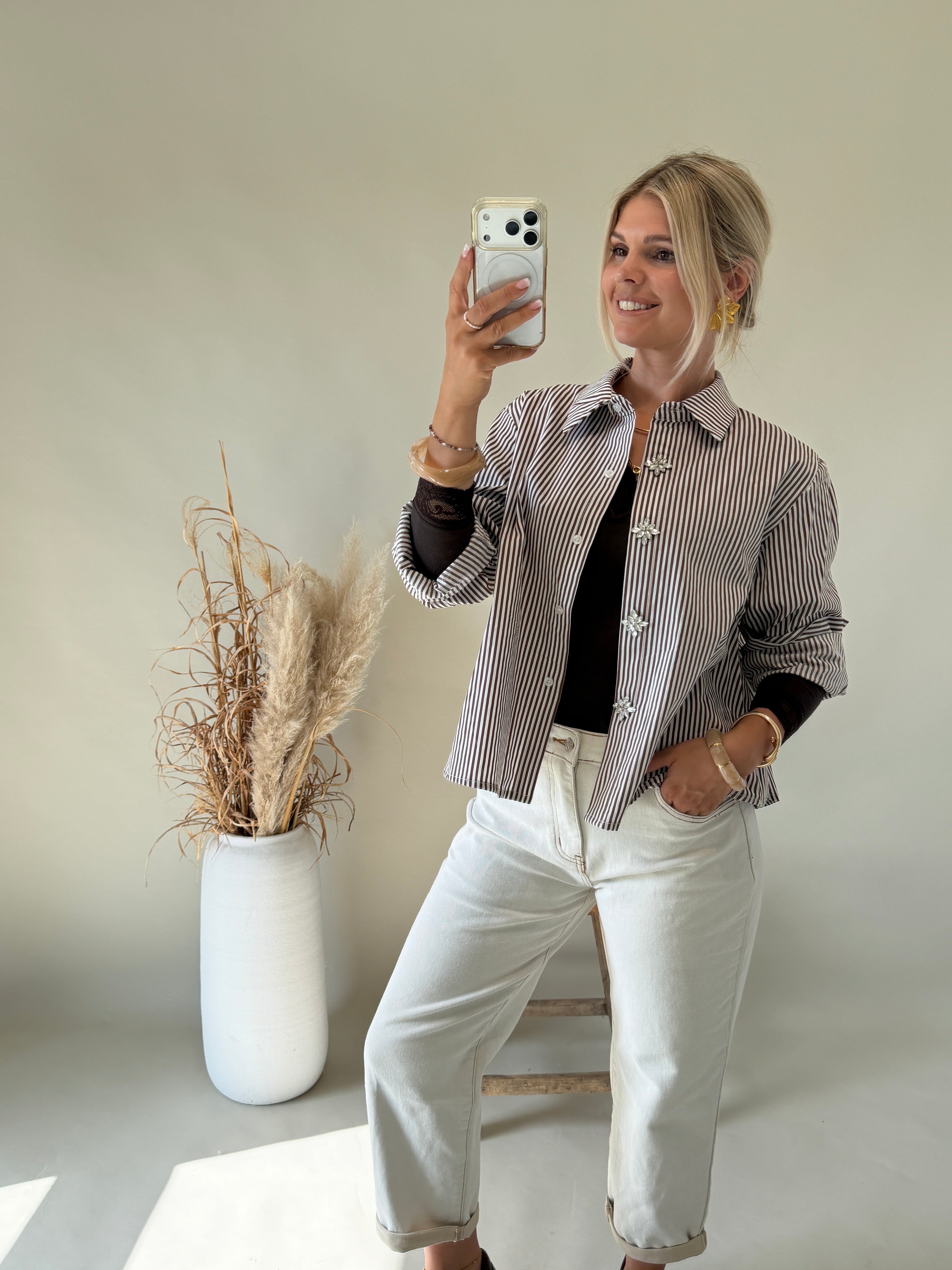 Bluse Schokobraun / Weiß gestreift mit Glitzerknöpfen