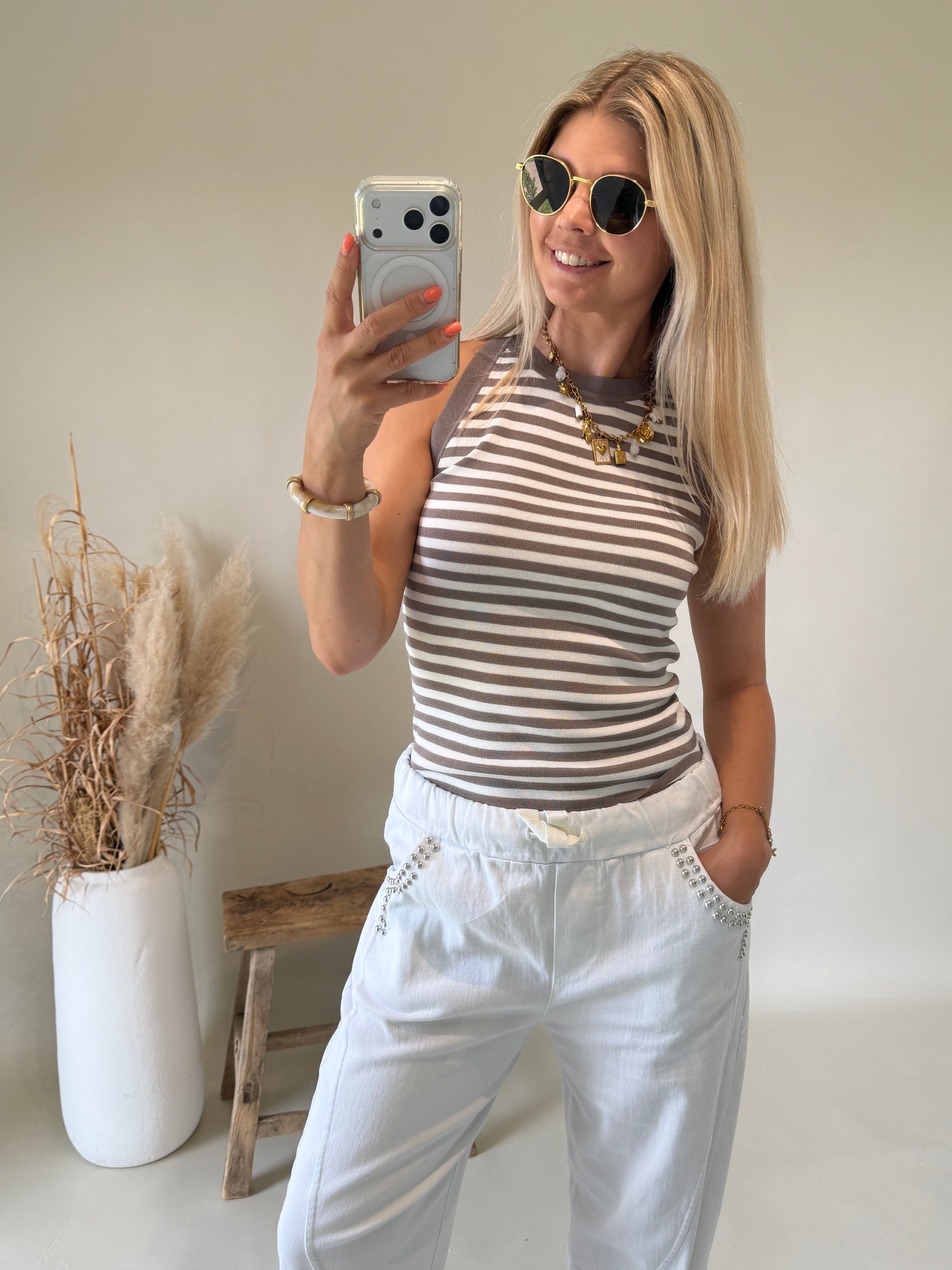 Top in Taupe / Weiß gestreift