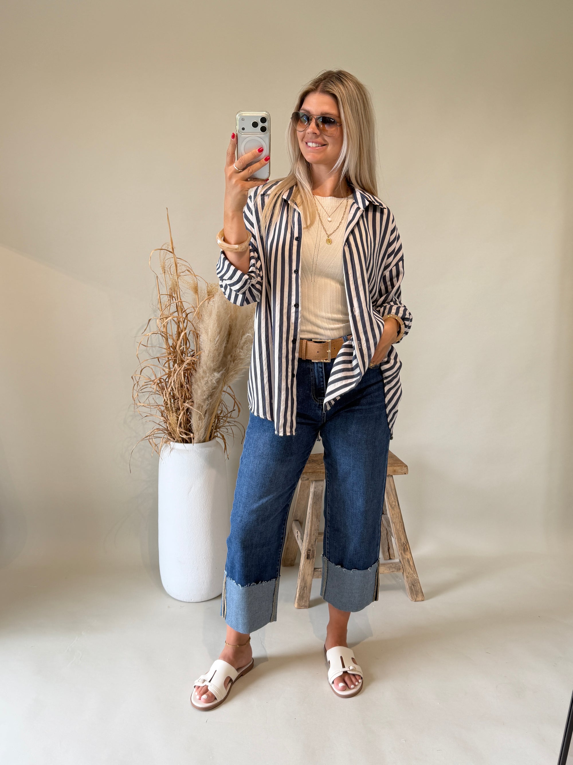 Bluse gestreift  in Dunkelblau / Beige