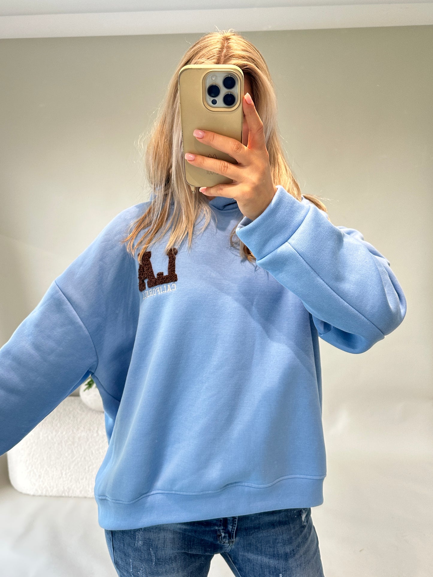 pullover mit kapuze in hellblau mit aufschrift in schokobraun la