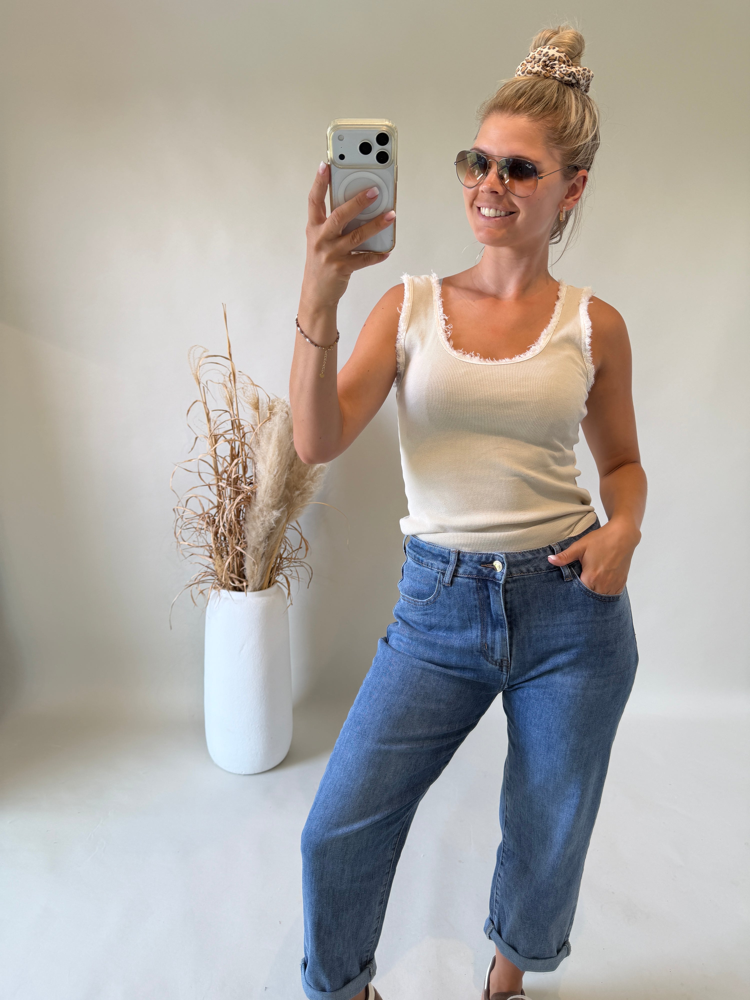 Top in Beige mit Fransen