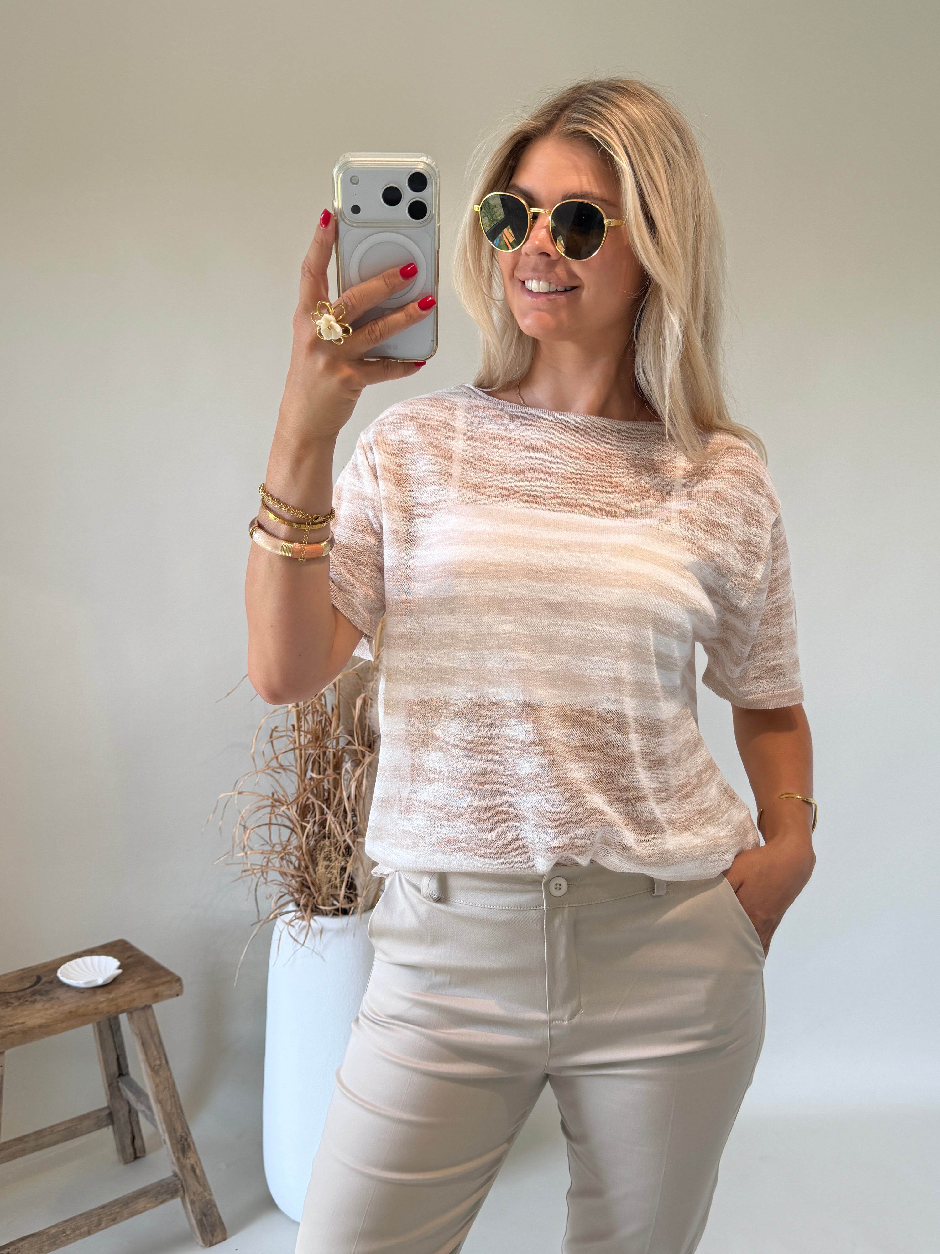 Pullover in Hellbeige / Wollweiß gestreift ( Transparent )