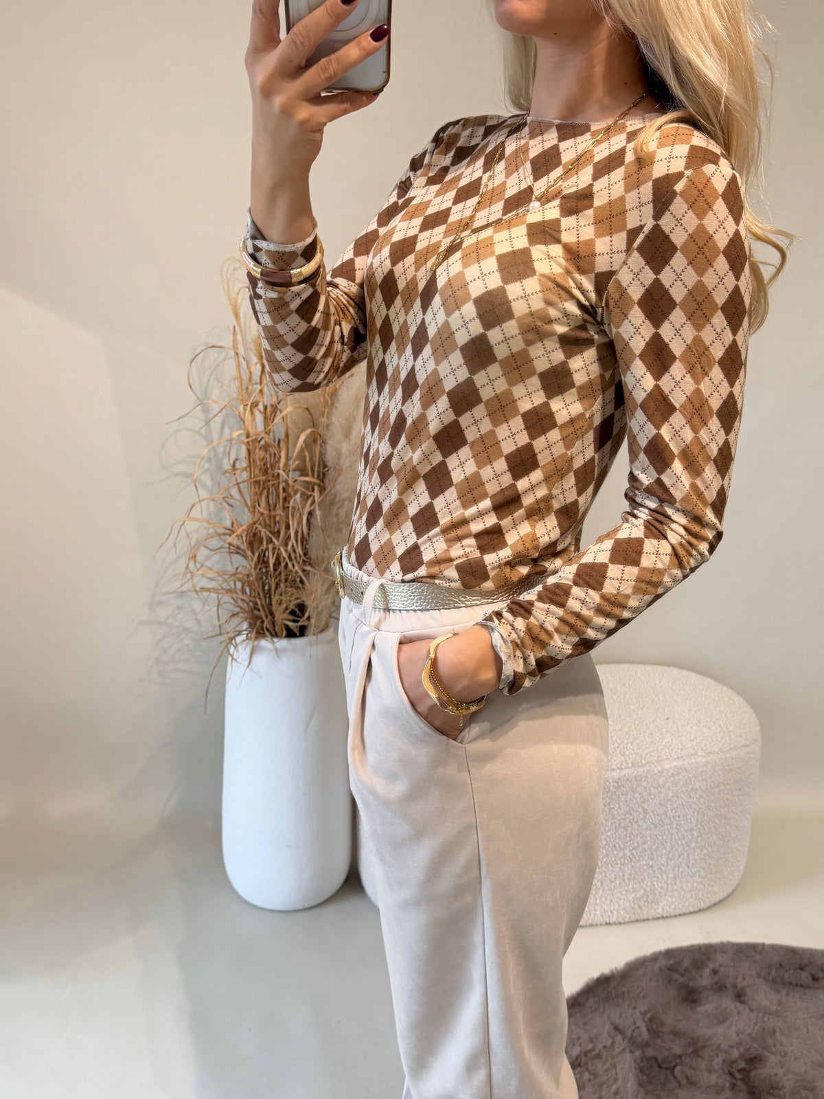 Shirt in Brauntöne mit Rautenmuster