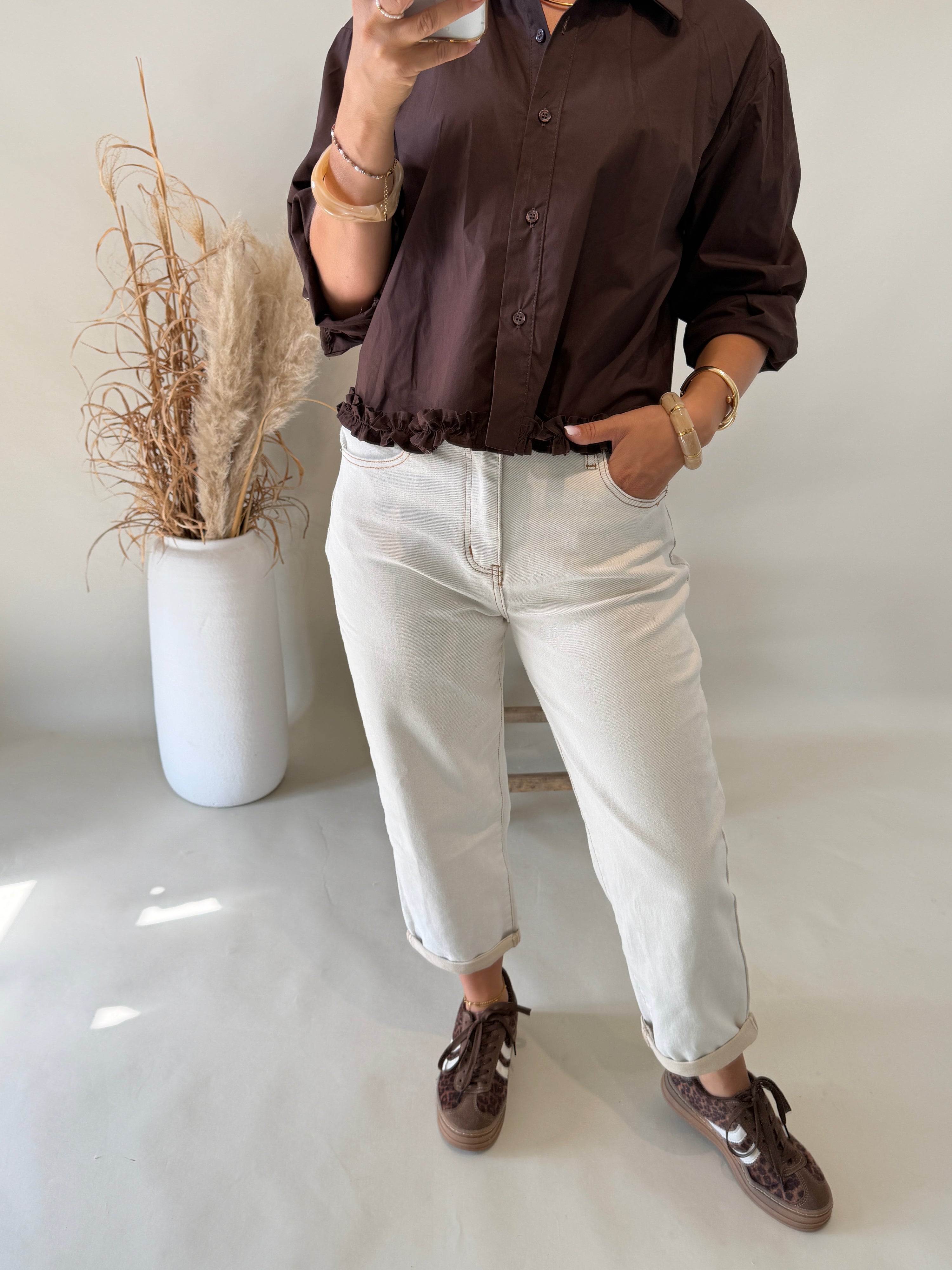 Jeans in Hellbeige mit Nähten in Zimt ( Mom Fit )