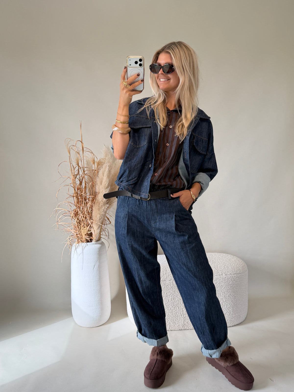 Bluse in Schokobraun / Hellblau gestreift