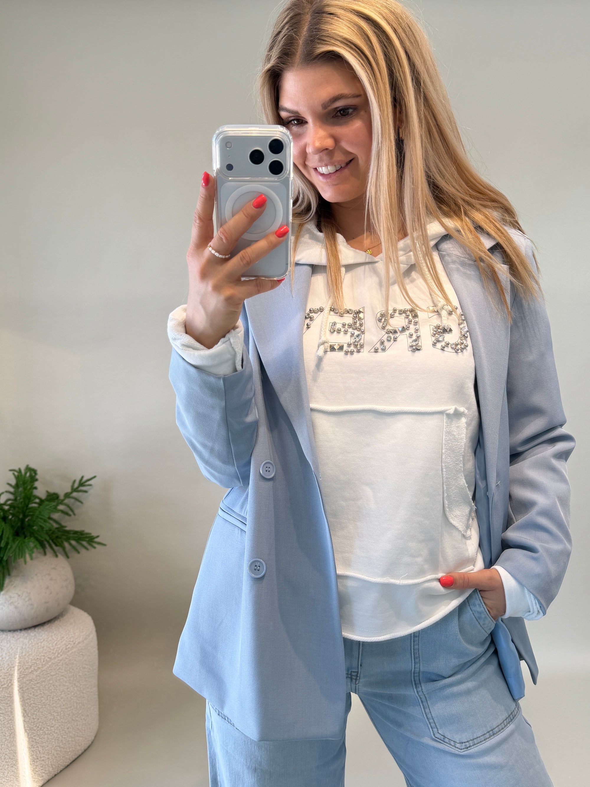 Sweatshirt  in Weiß mit Kapuze und Aufschrift GREY aus Glitzersteinen