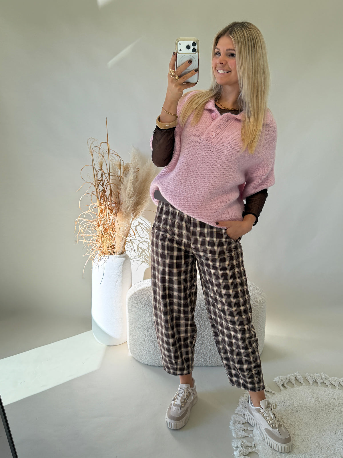 Hose in Schokobraun / Beige / Rosa kariert ( Ballon )