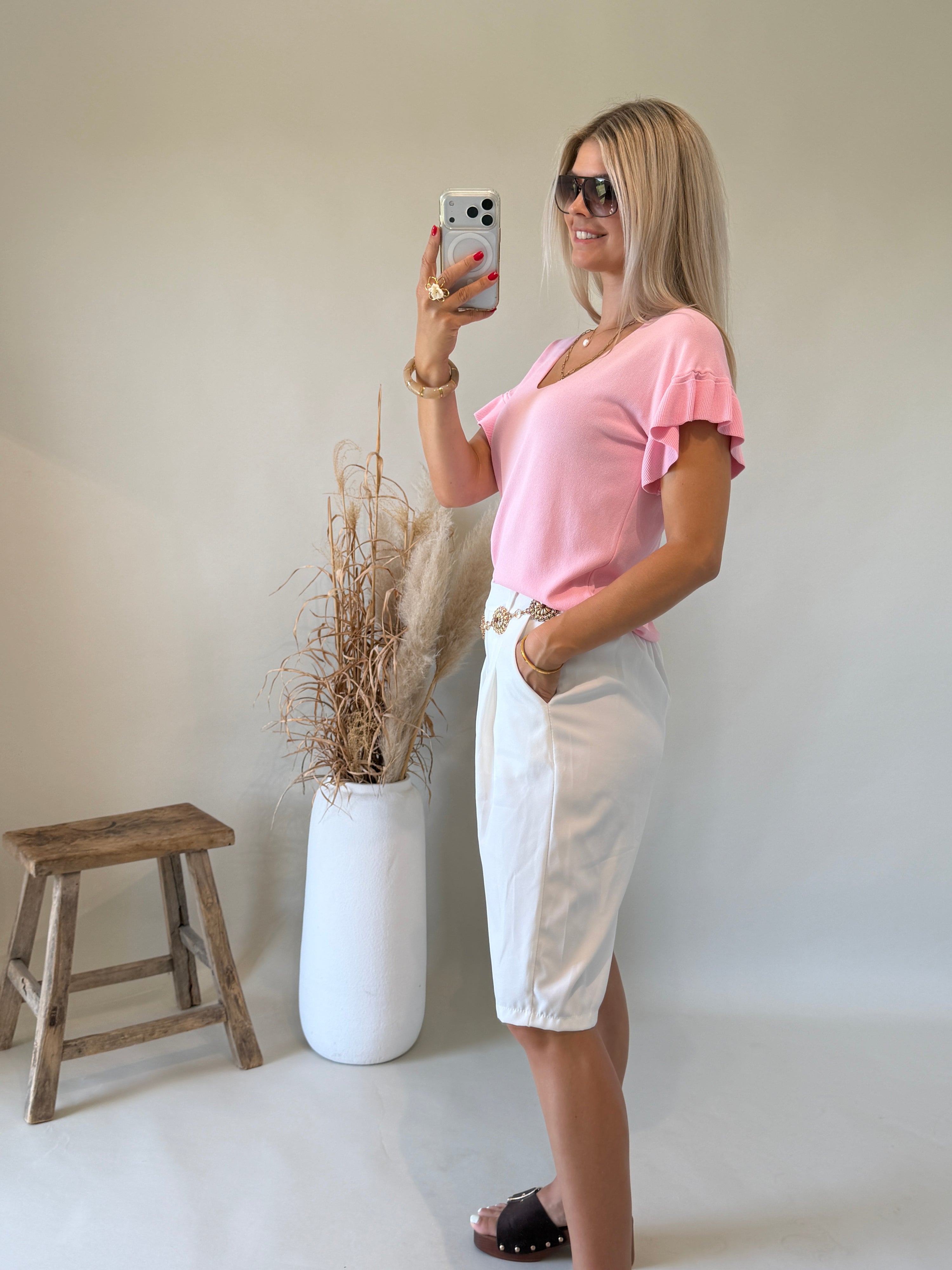 T - Shirt in Rosa ( Feinstrick ) mit Rüschen