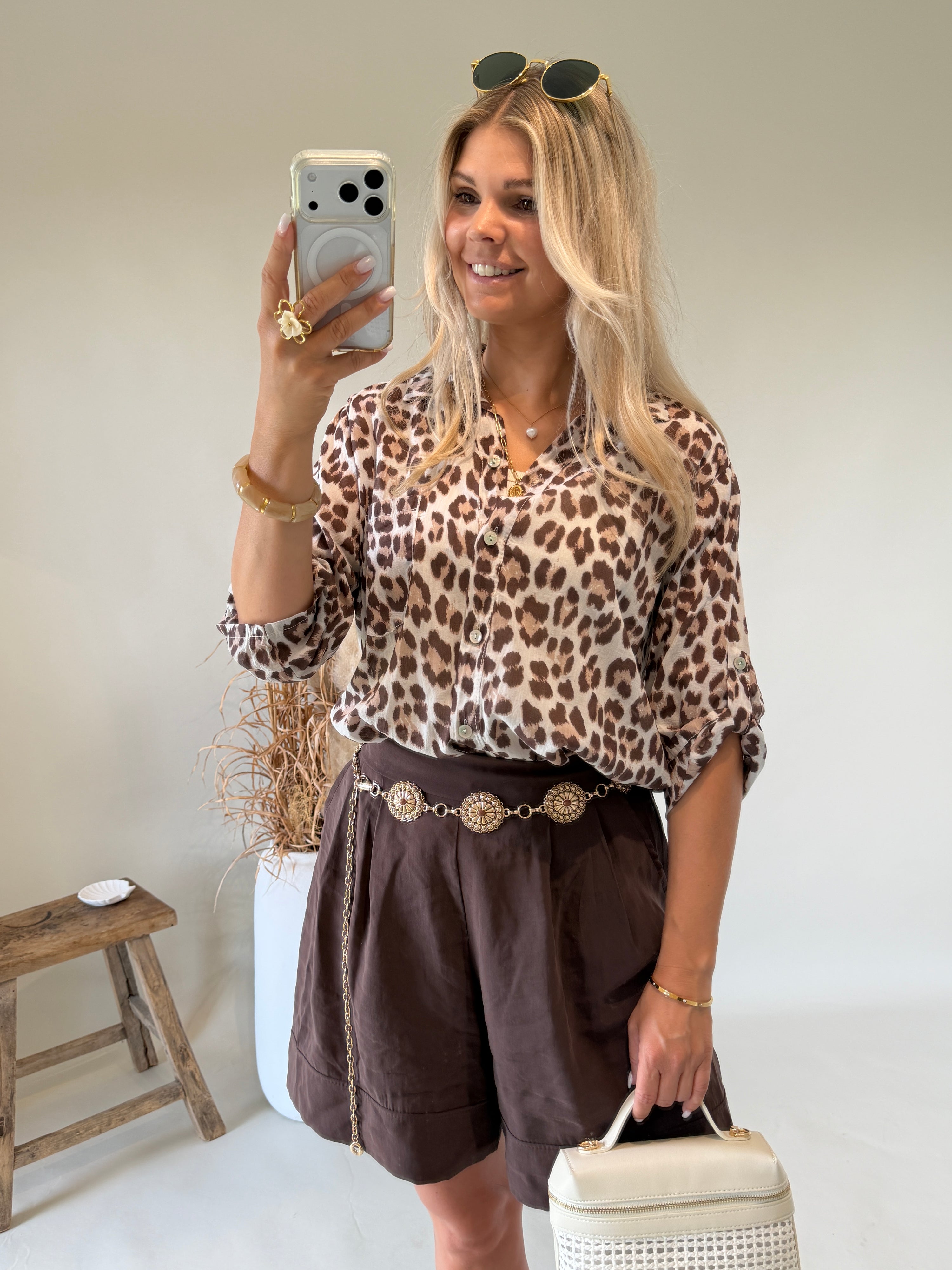 Bluse in Schokobraun / Beige (Leo-Muster)