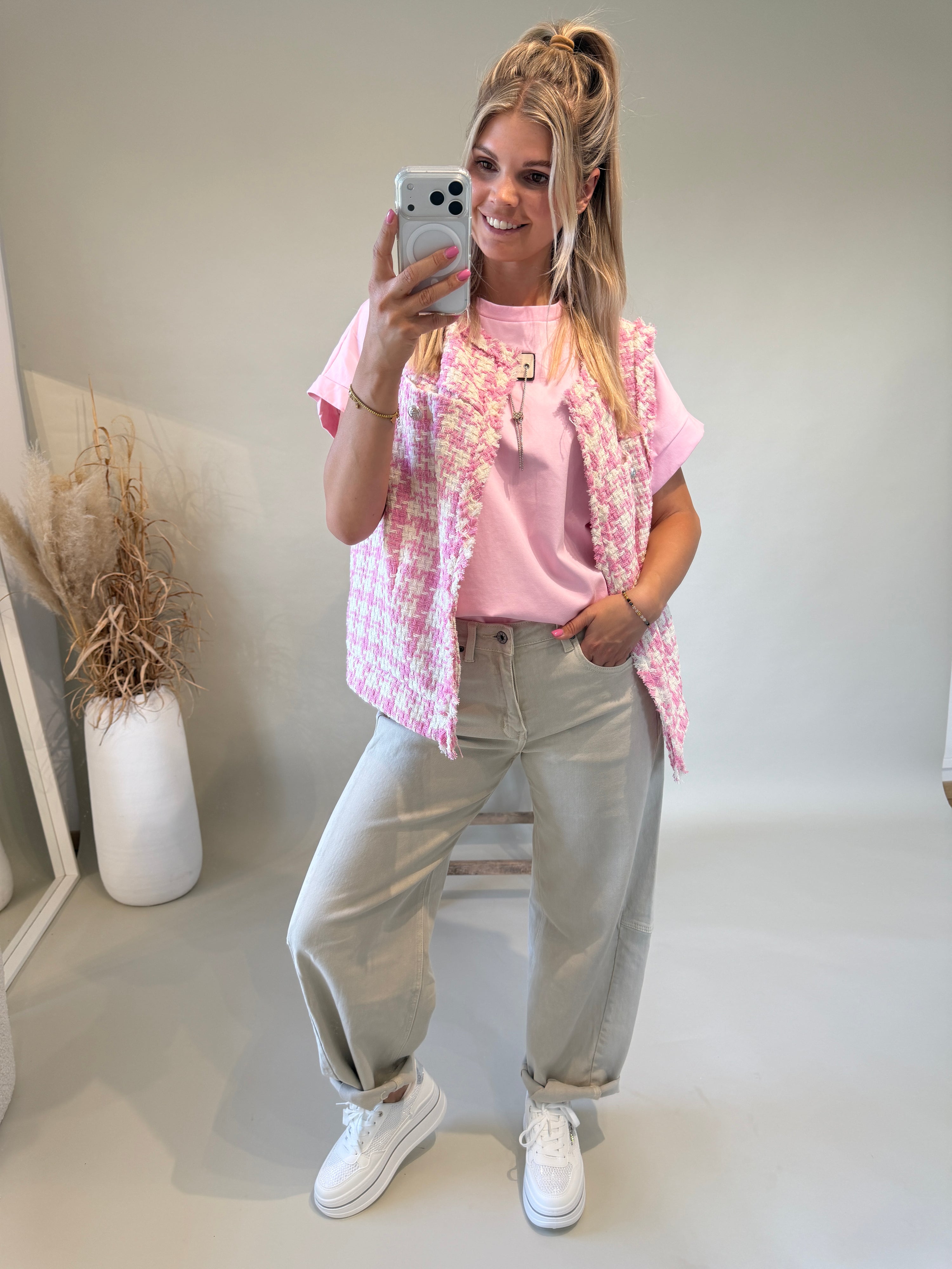 Jacke in Rosa / Beige mit Muster ärmellos