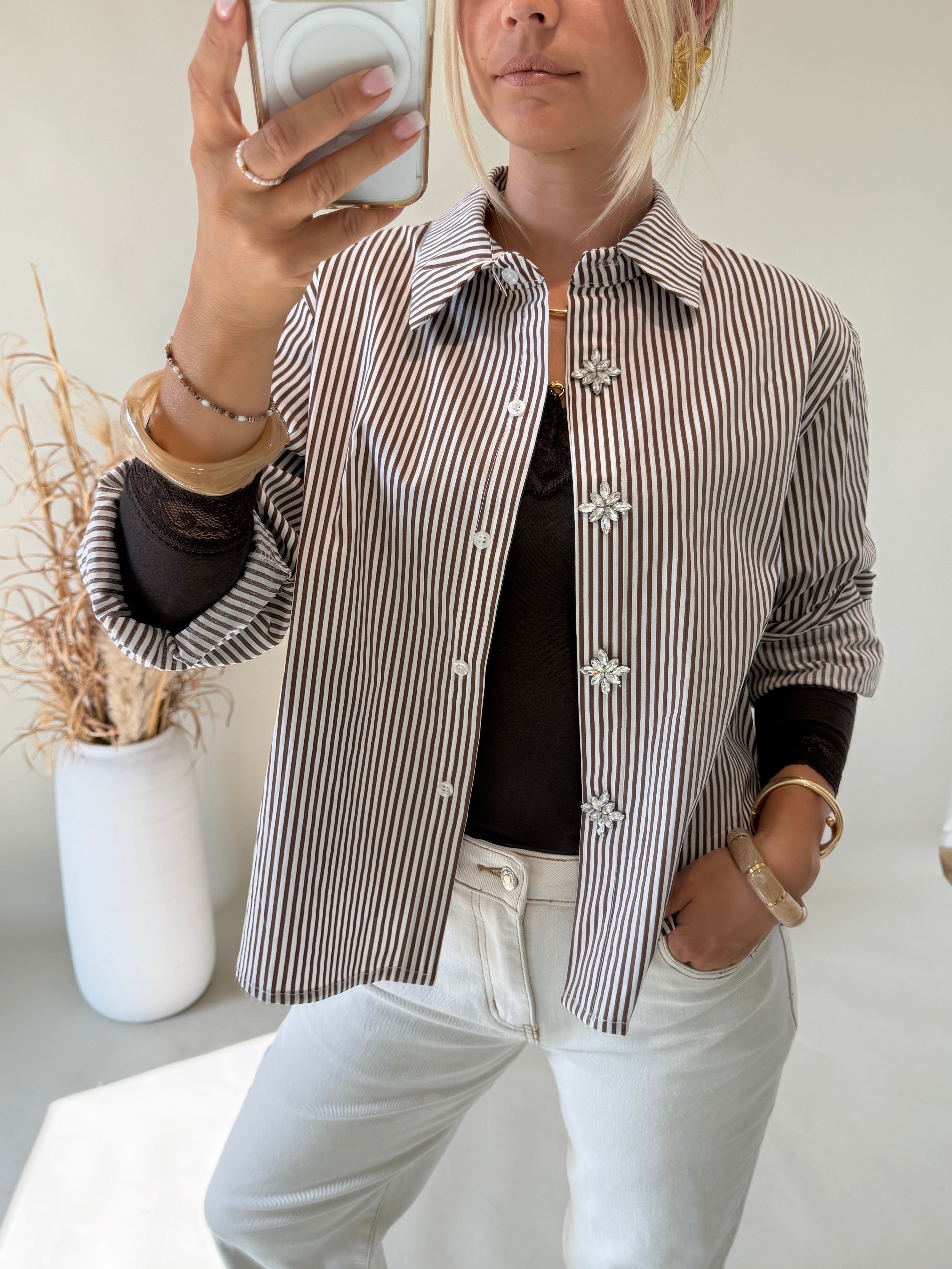 Bluse Schokobraun / Weiß gestreift mit Glitzerknöpfen