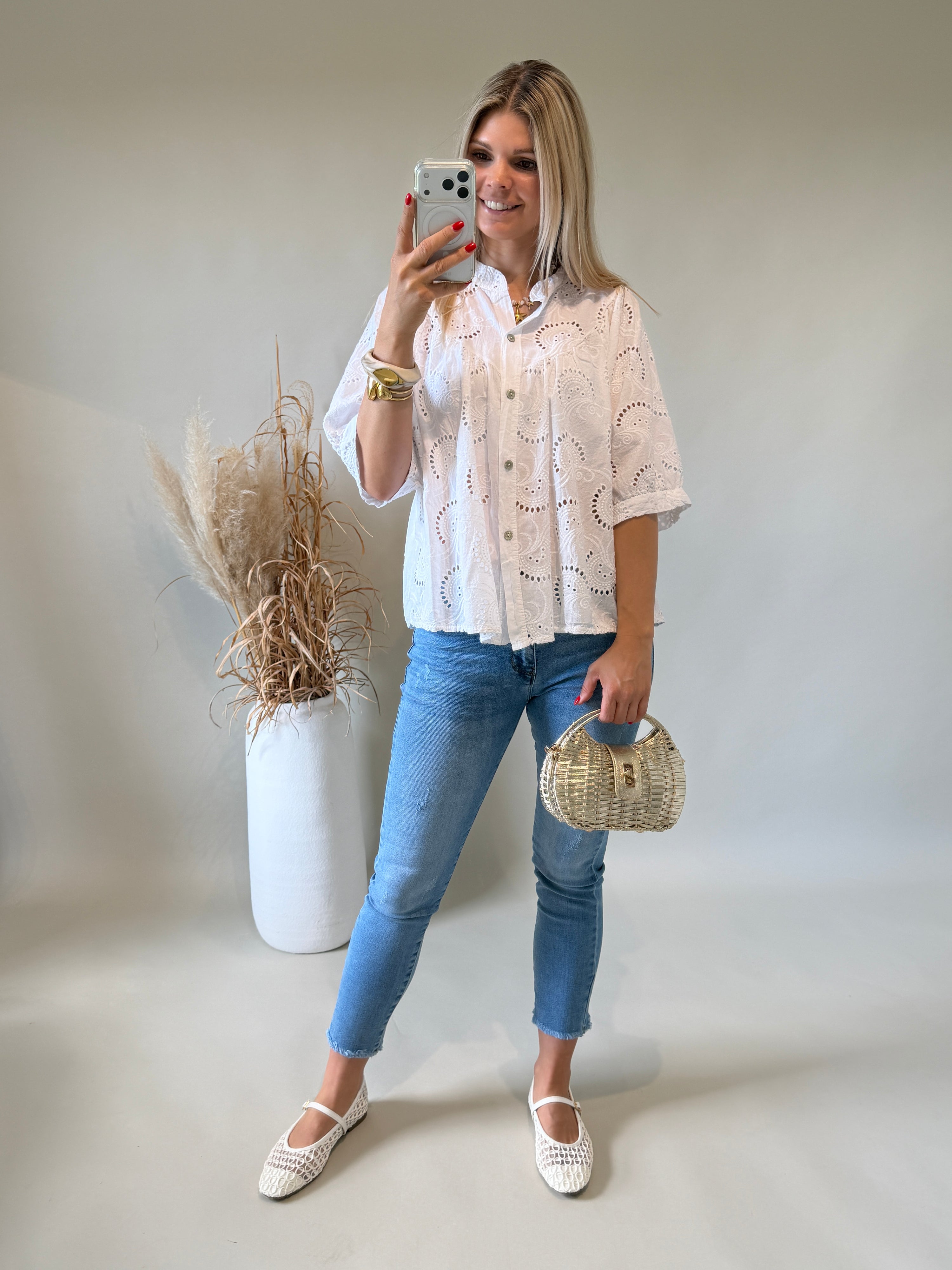 Bluse in Weiß aus Bohospitze ( Kurzarm )
