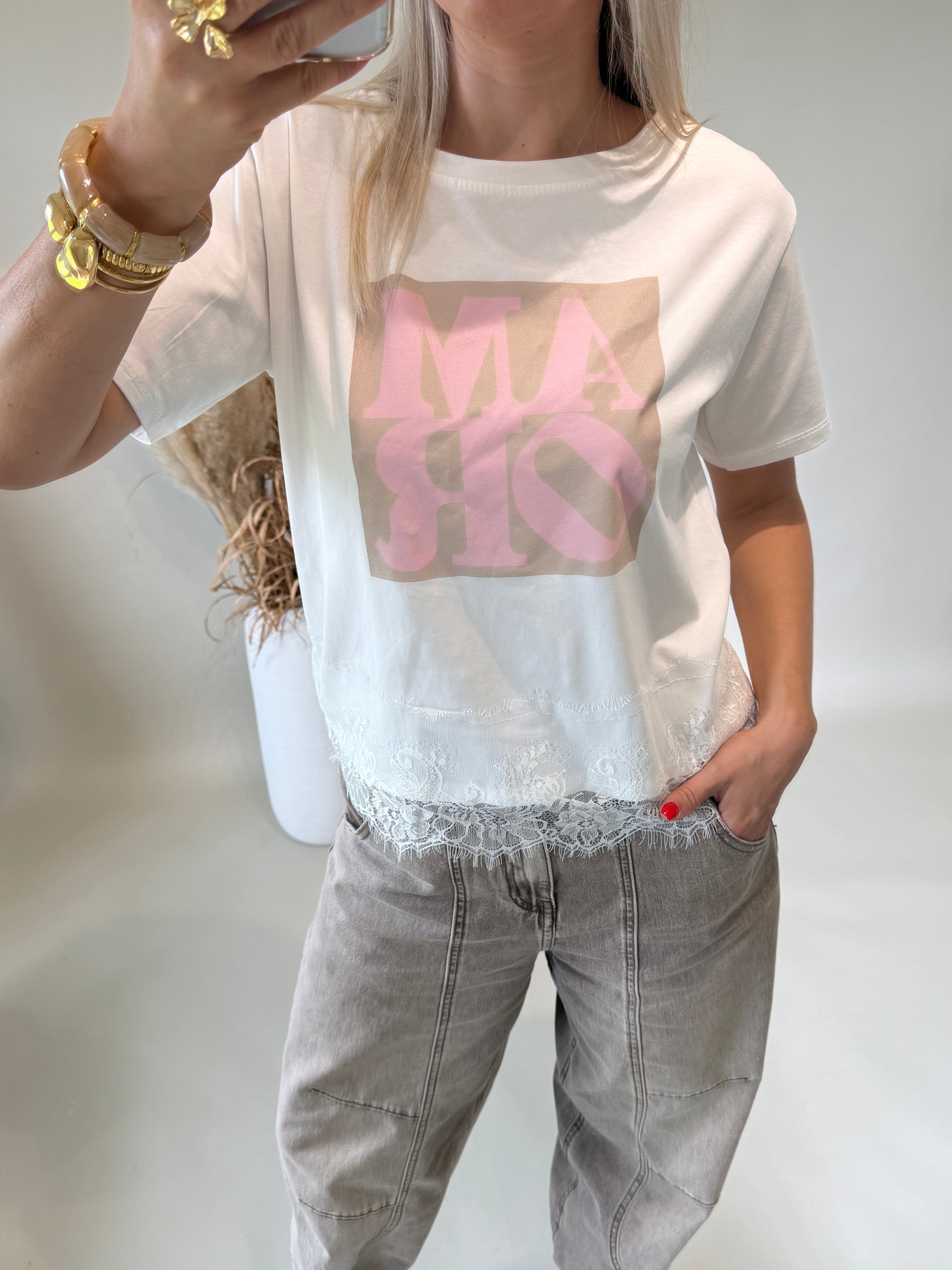 T - Shirt in Weiß mit Aufdruck in Rosa AMOR