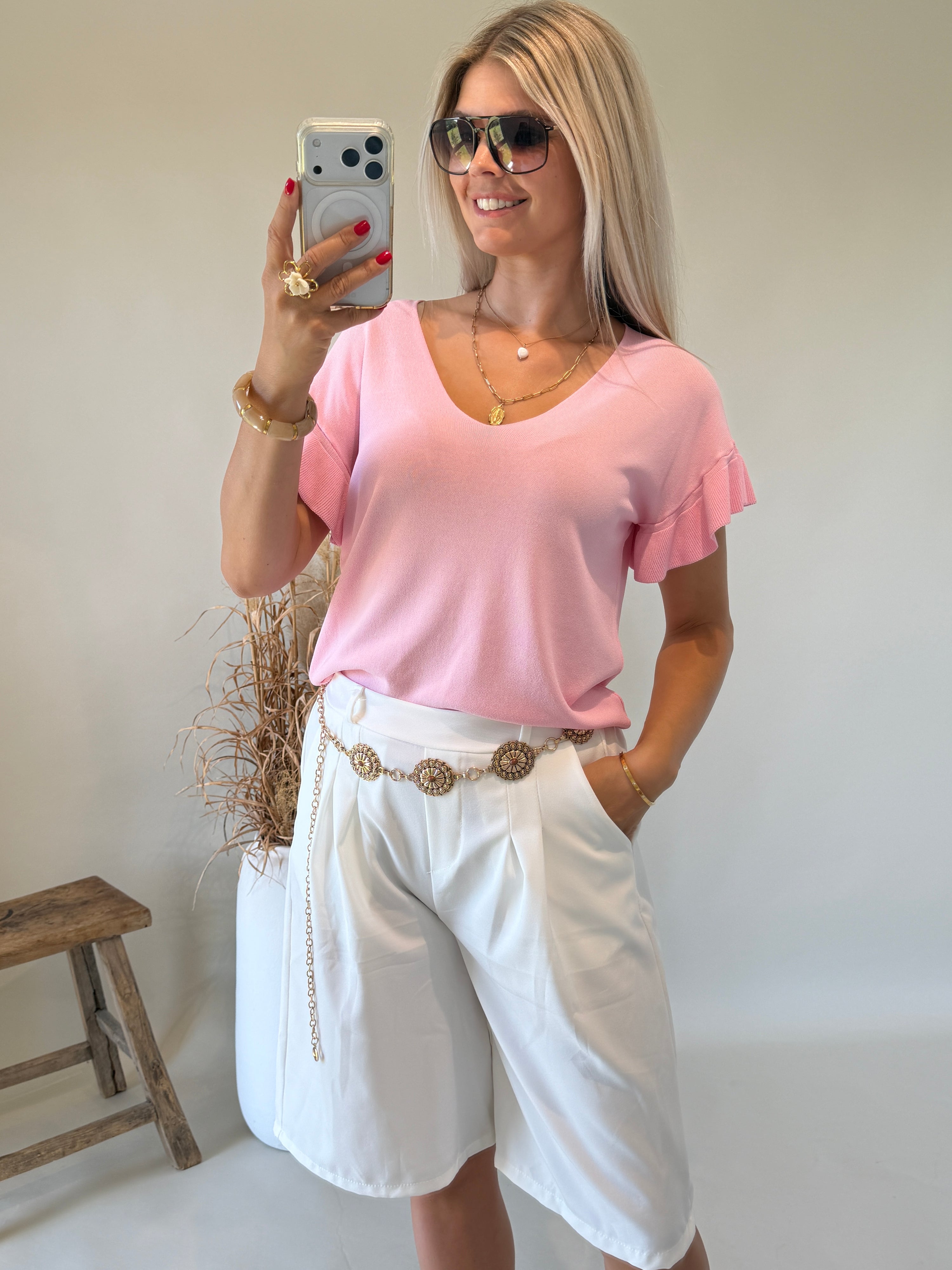 T - Shirt in Rosa ( Feinstrick ) mit Rüschen