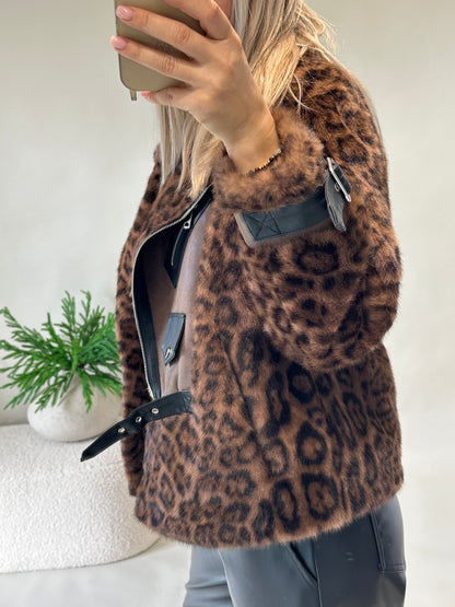 Felljacke in Braun /Schwarz Leo-Muster  mit Kunstledereinsätzen