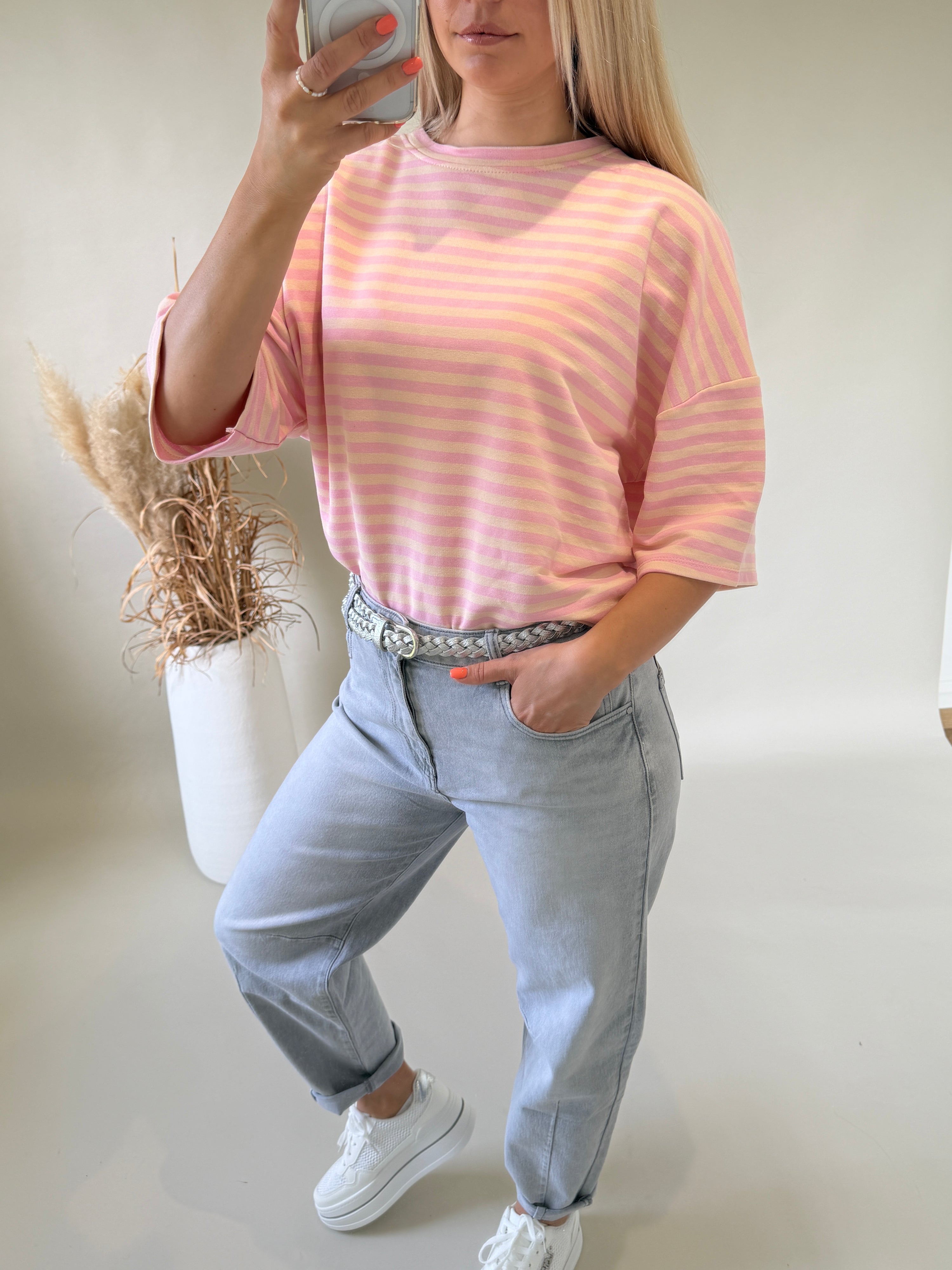 T - Shirt in Rosa / Beige gestreift