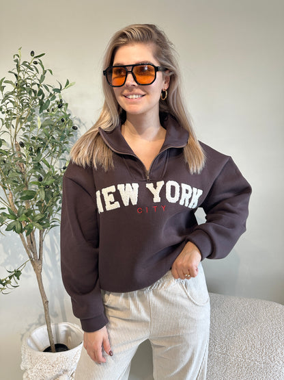 Pullover in Schokobraun mit Reißverschluß vorne (NEW YORK)