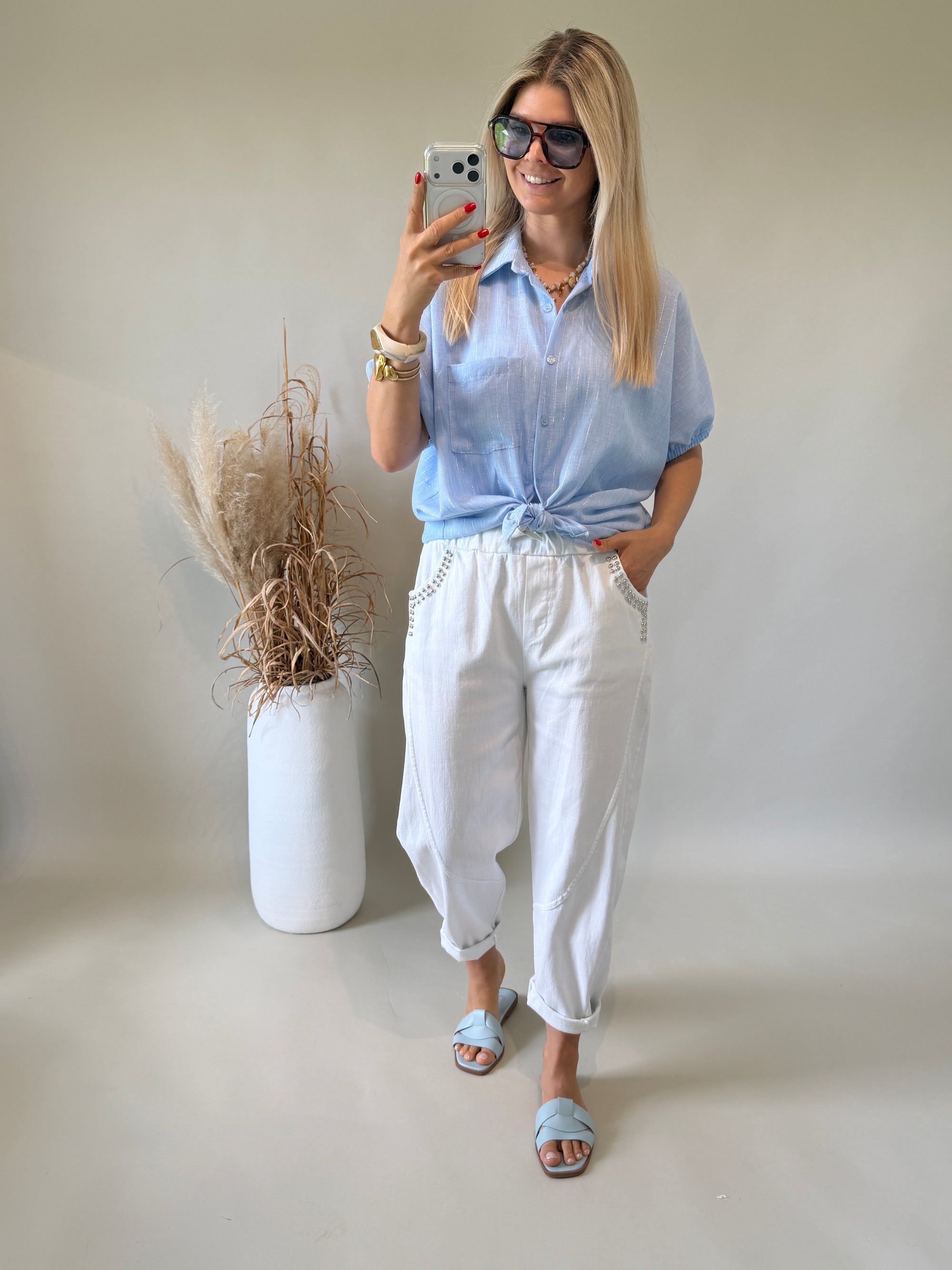 Bluse in Hellblau mit Leichten Glitzer ( Kurzarm )