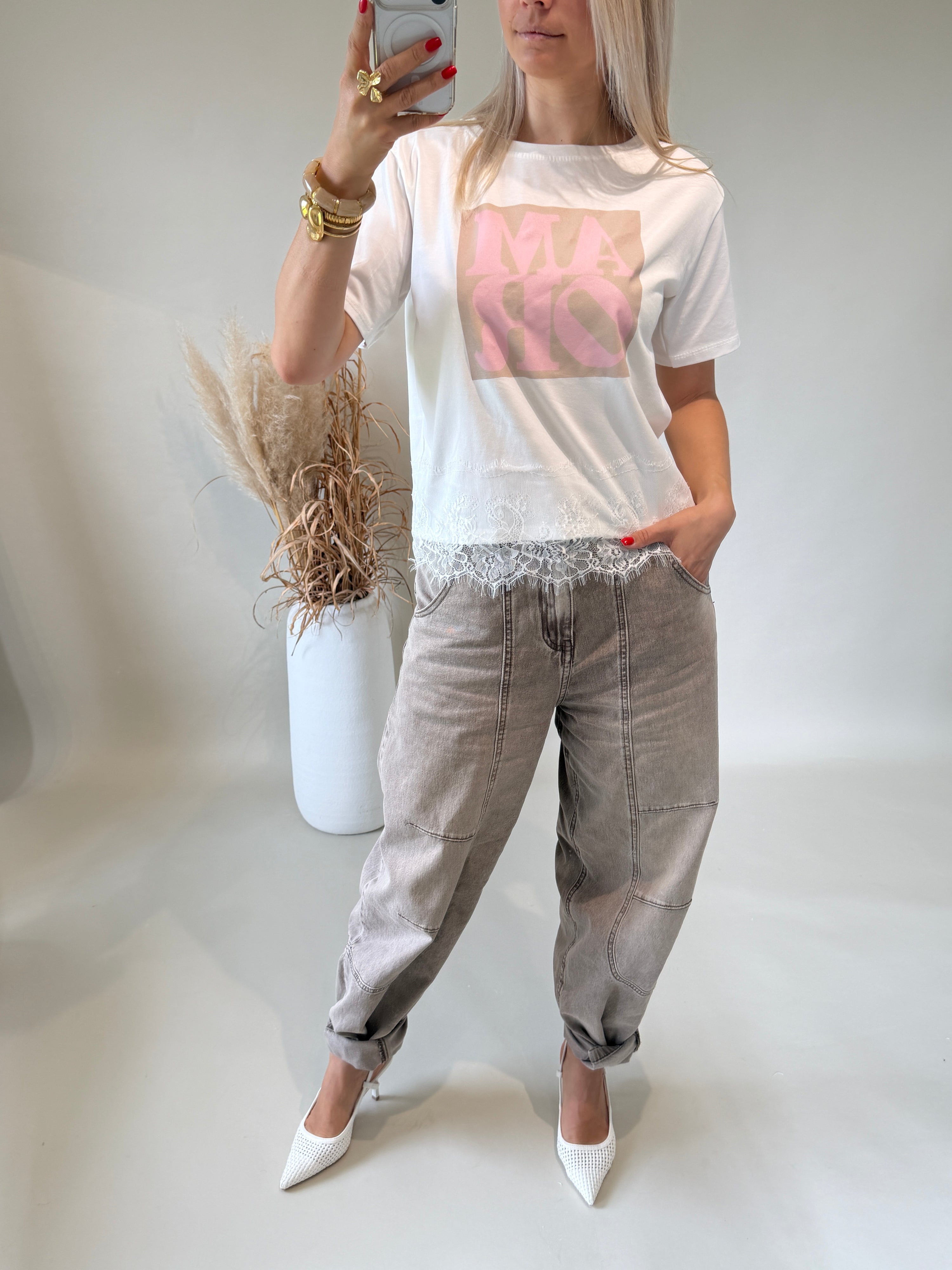 T - Shirt in Weiß mit Aufdruck in Rosa AMOR