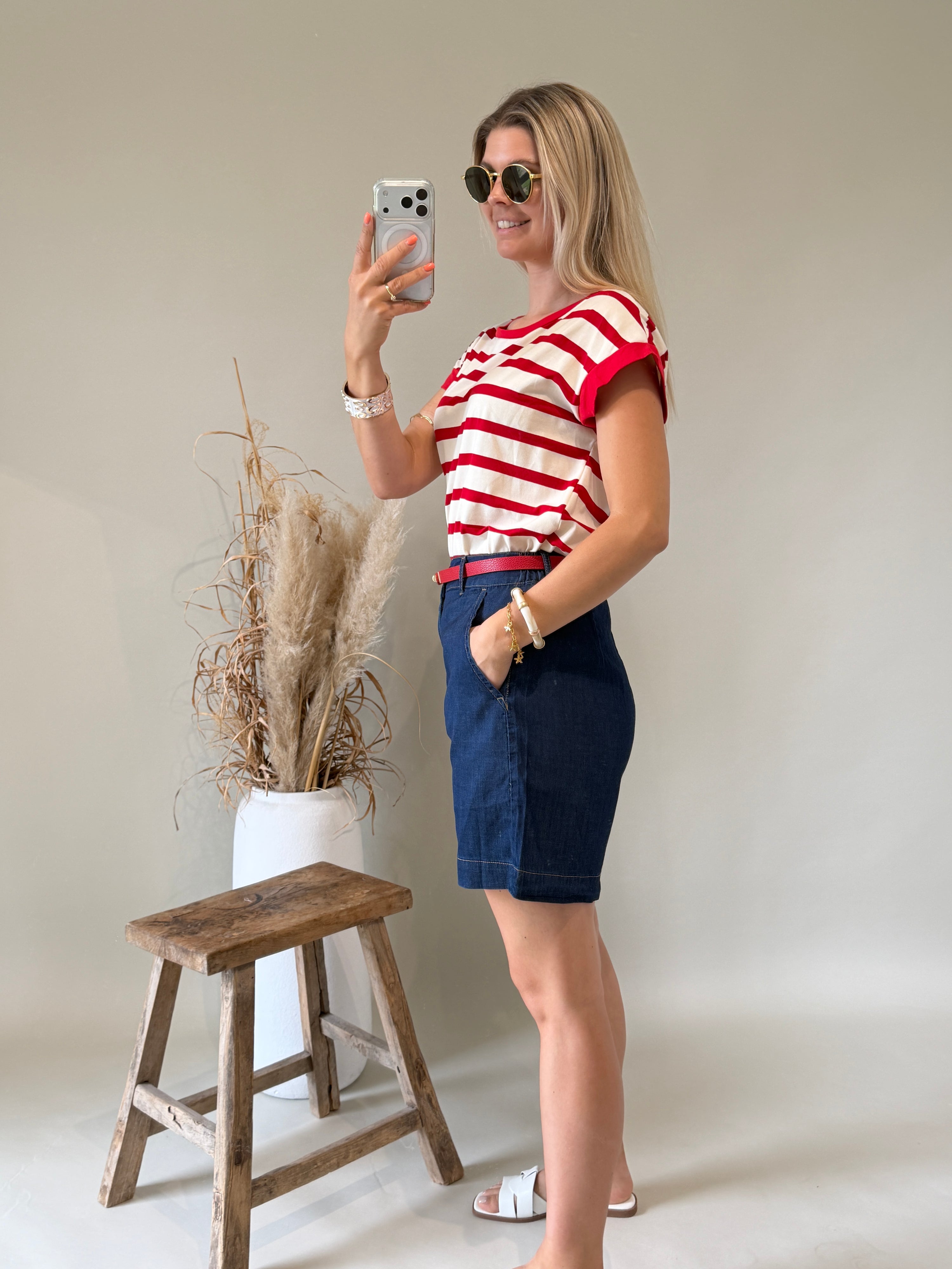 T - Shirt in Rot / Beige gestreift