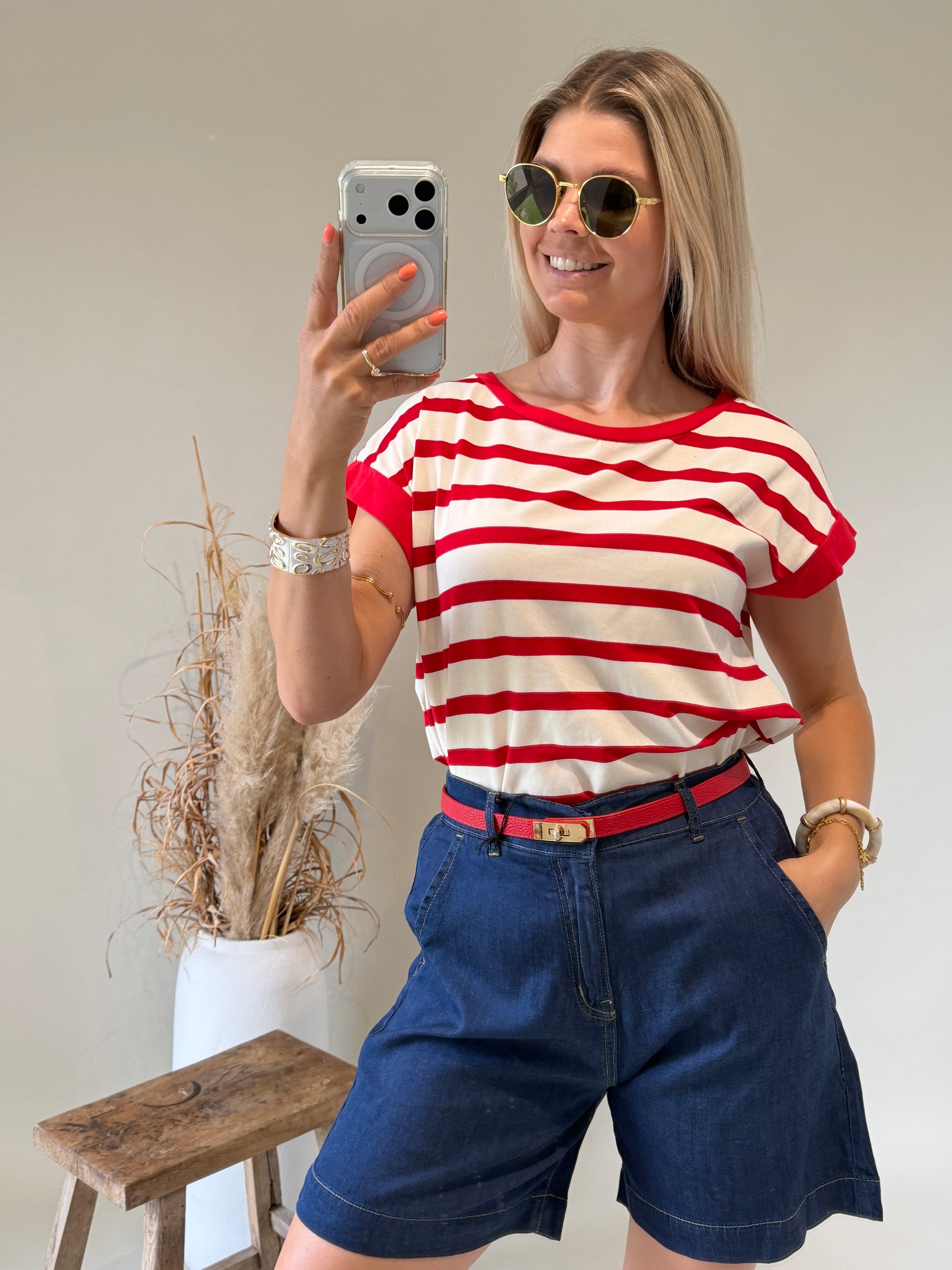 T - Shirt in Rot / Beige gestreift