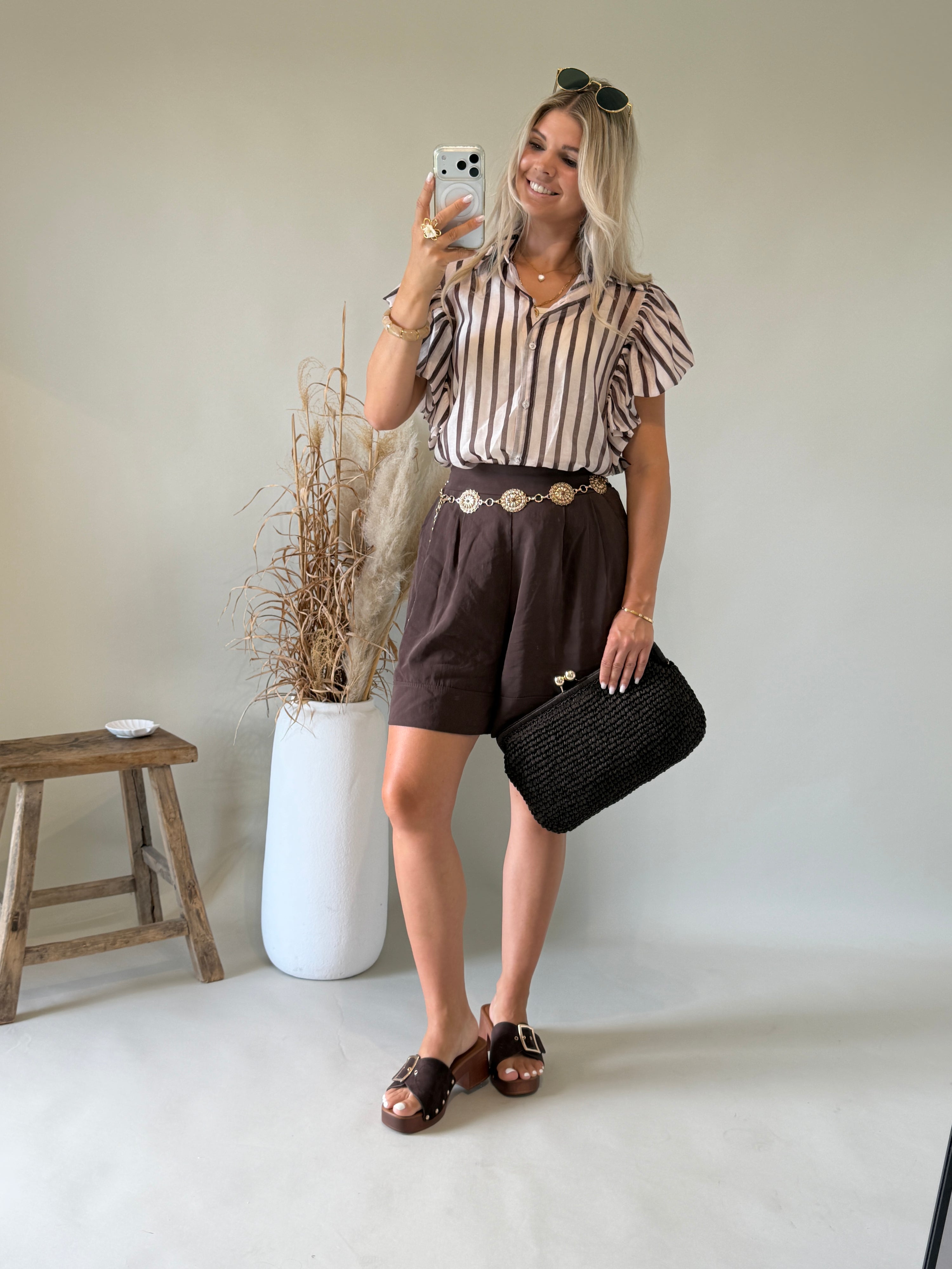Bluse in Beige mit Schokobraunen Streifen und Puffärmel