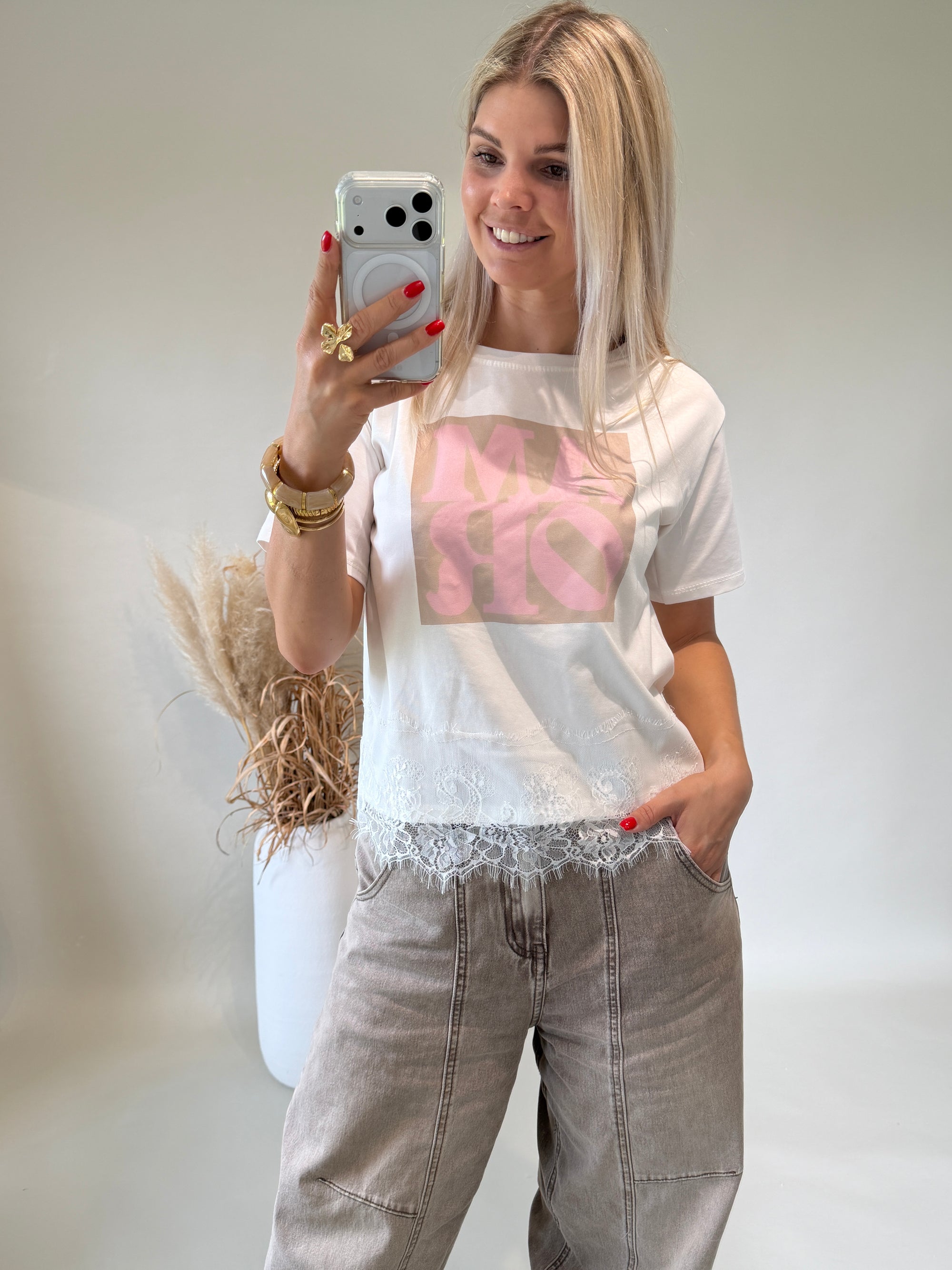 T - Shirt in Weiß mit Aufdruck in Rosa AMOR