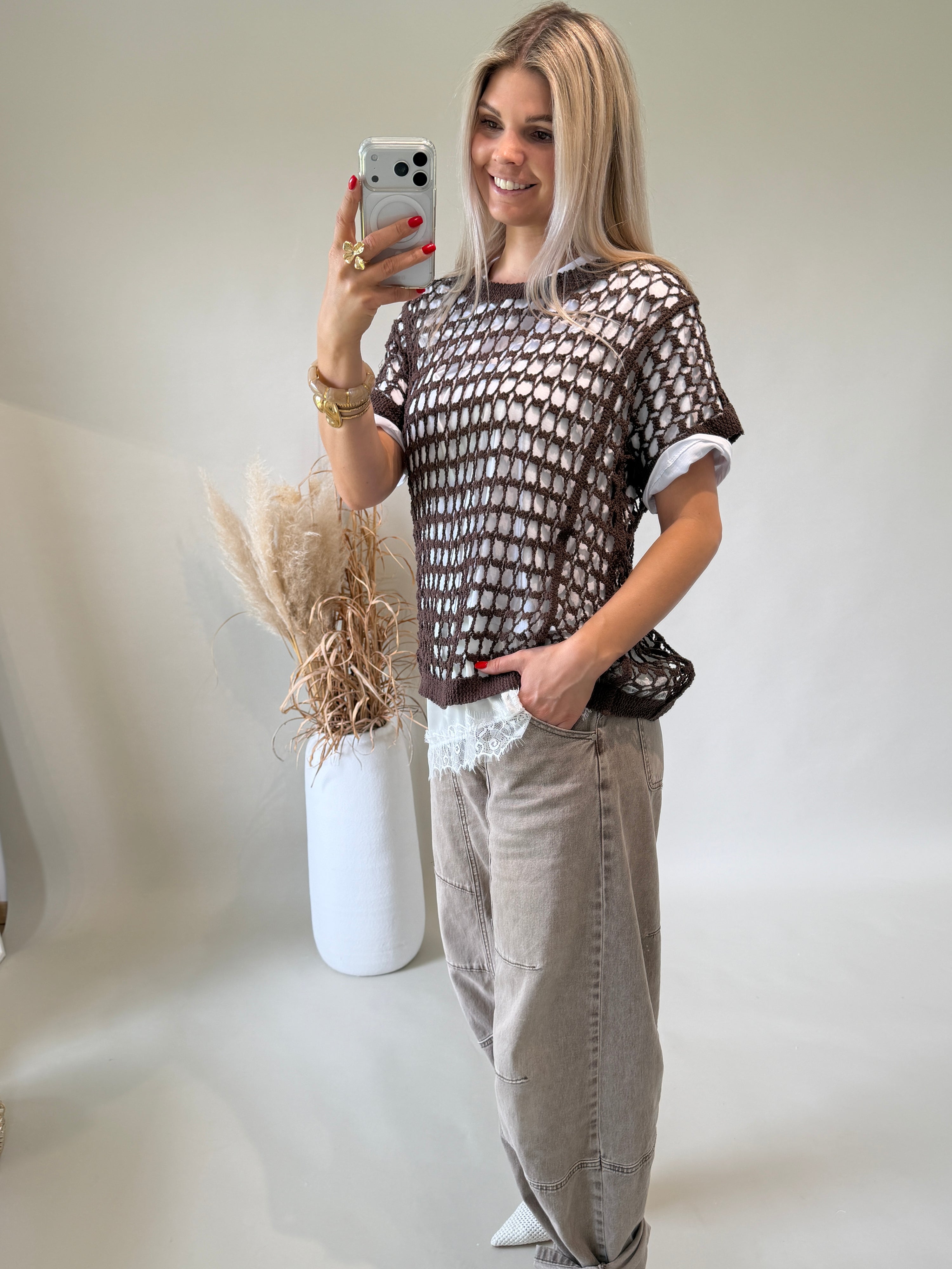 Pullover in Lochoptik in Schokobraun