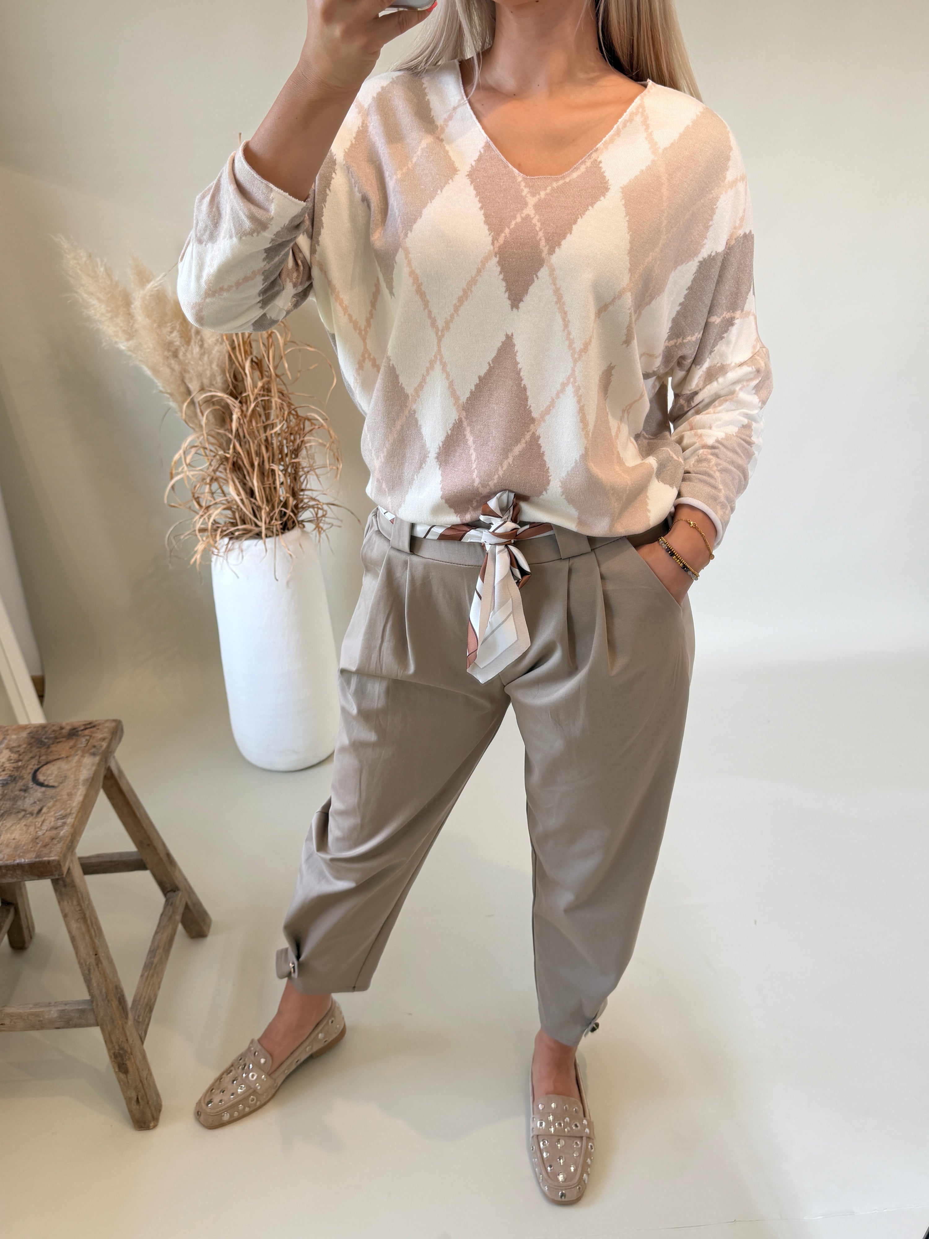 Shirt in Beige / Zimt / Wollweiß mit Rautenmuster