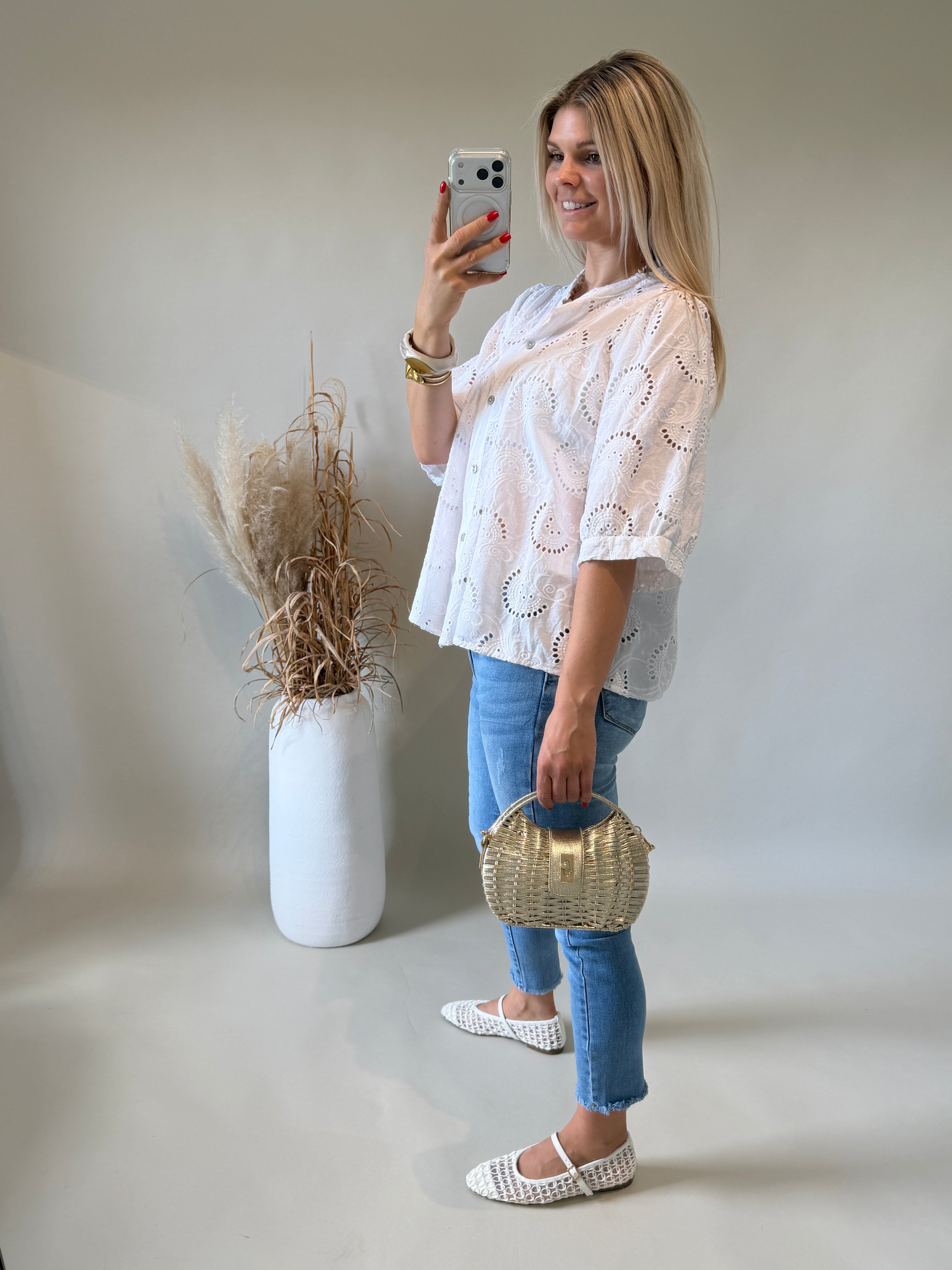 Bluse in Weiß aus Bohospitze ( Kurzarm )