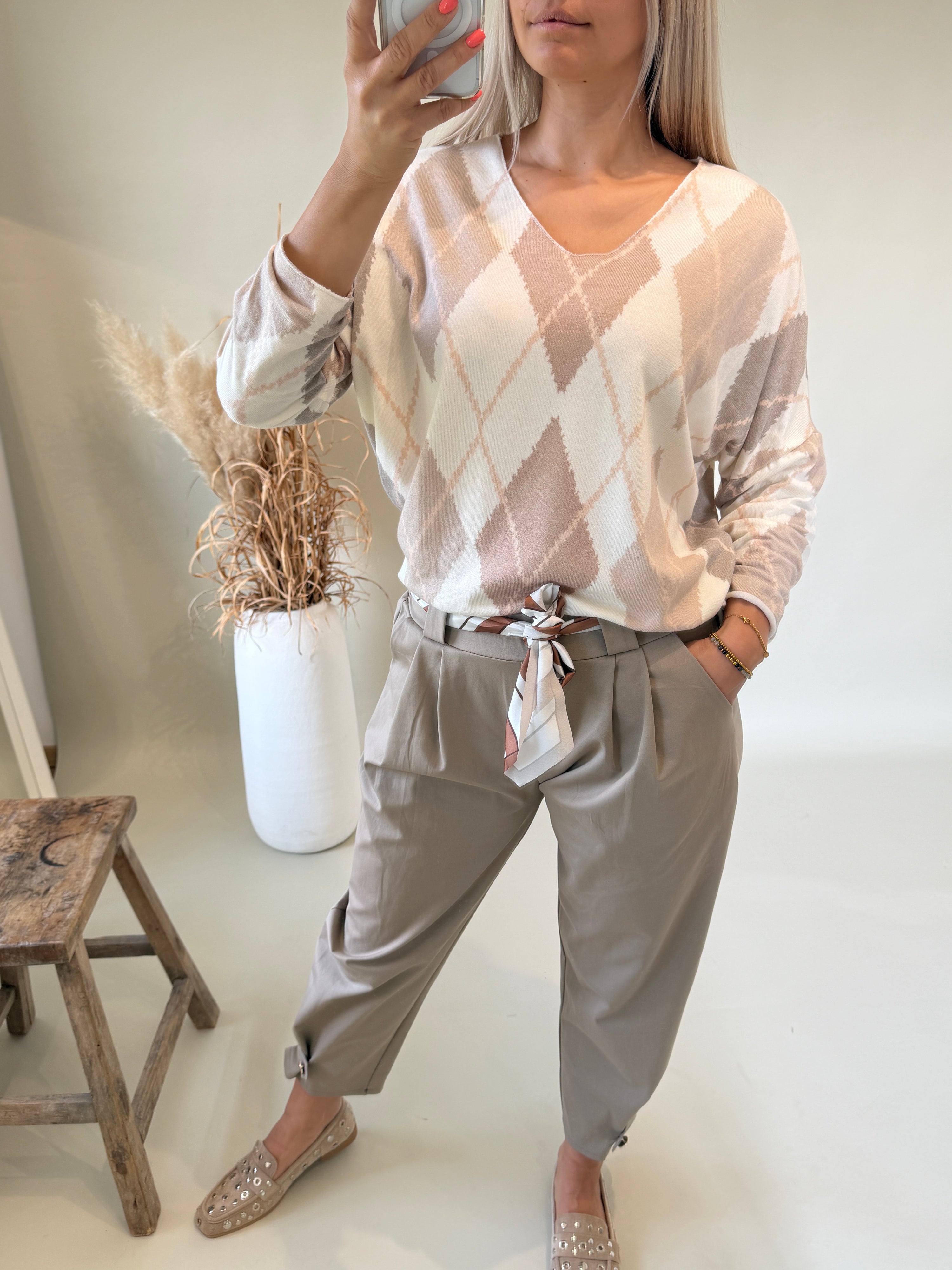 Shirt in Beige / Zimt / Wollweiß mit Rautenmuster