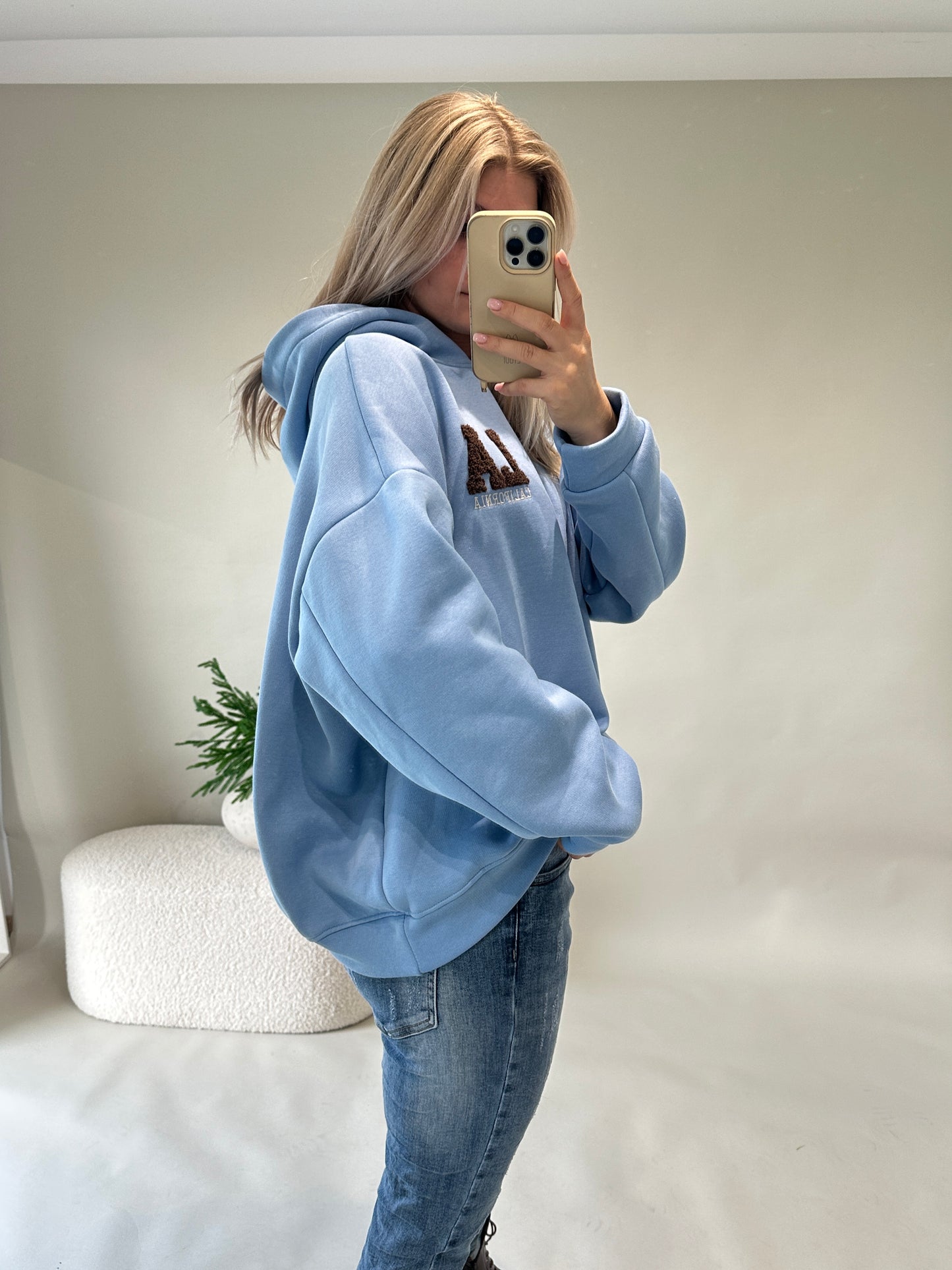 pullover mit kapuze in hellblau mit aufschrift in schokobraun la