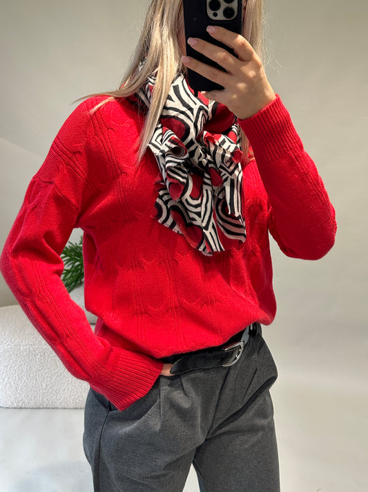 Schal in Rot/Schwarz/Beige mit Herzen