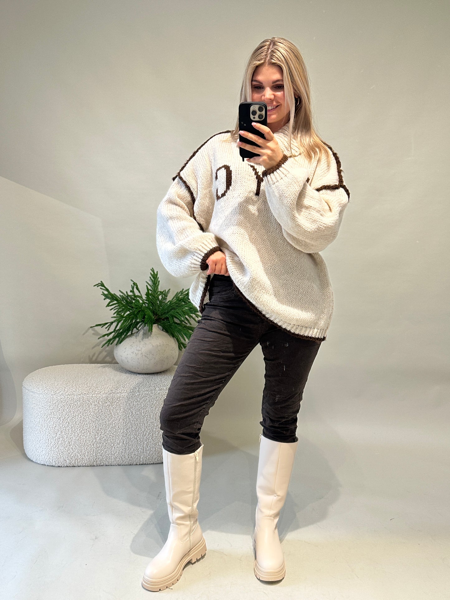 pullover in sand mit schokobrauner aufschrift (nyc) und weitem rollkragen