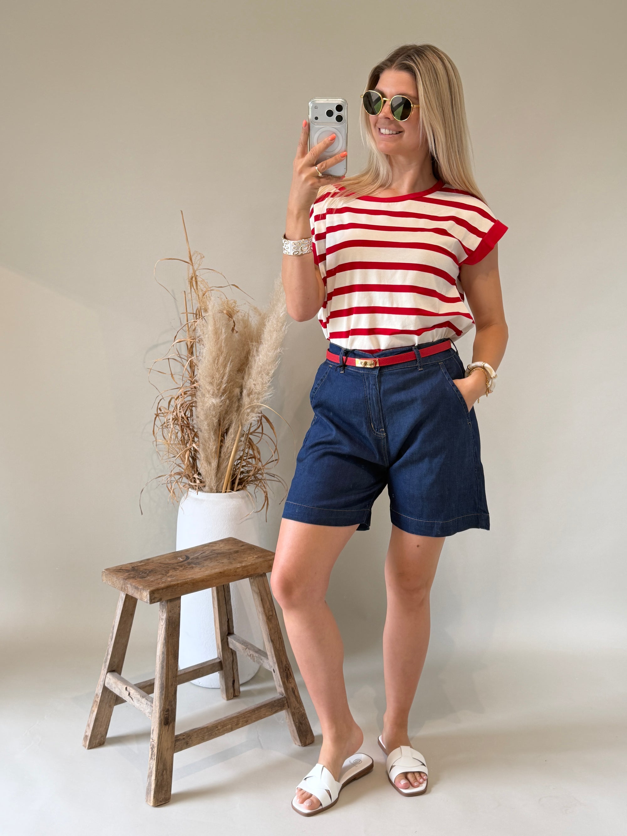 T - Shirt in Rot / Beige gestreift
