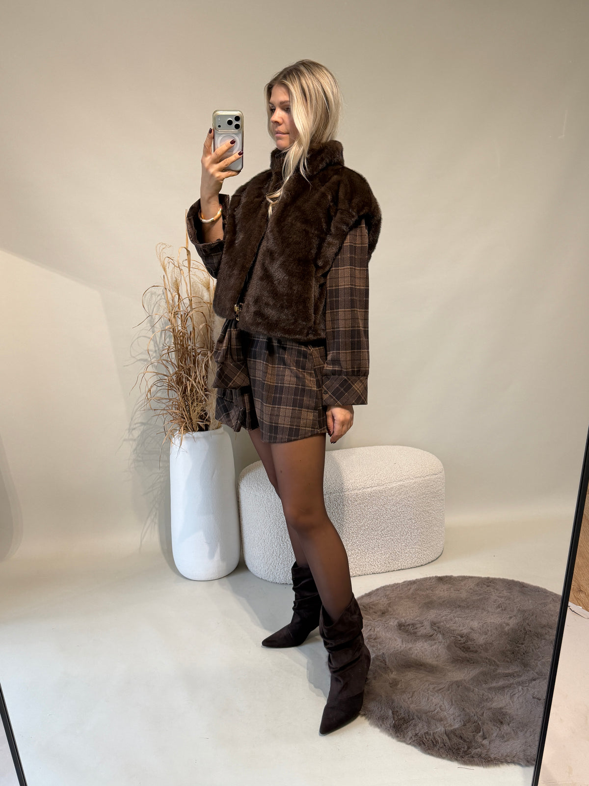 Kleid in Schokobraun / Hellbraun kariert  ( Minikleid )