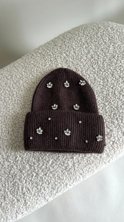Mütze in Schokobraun mit Glitzersteine