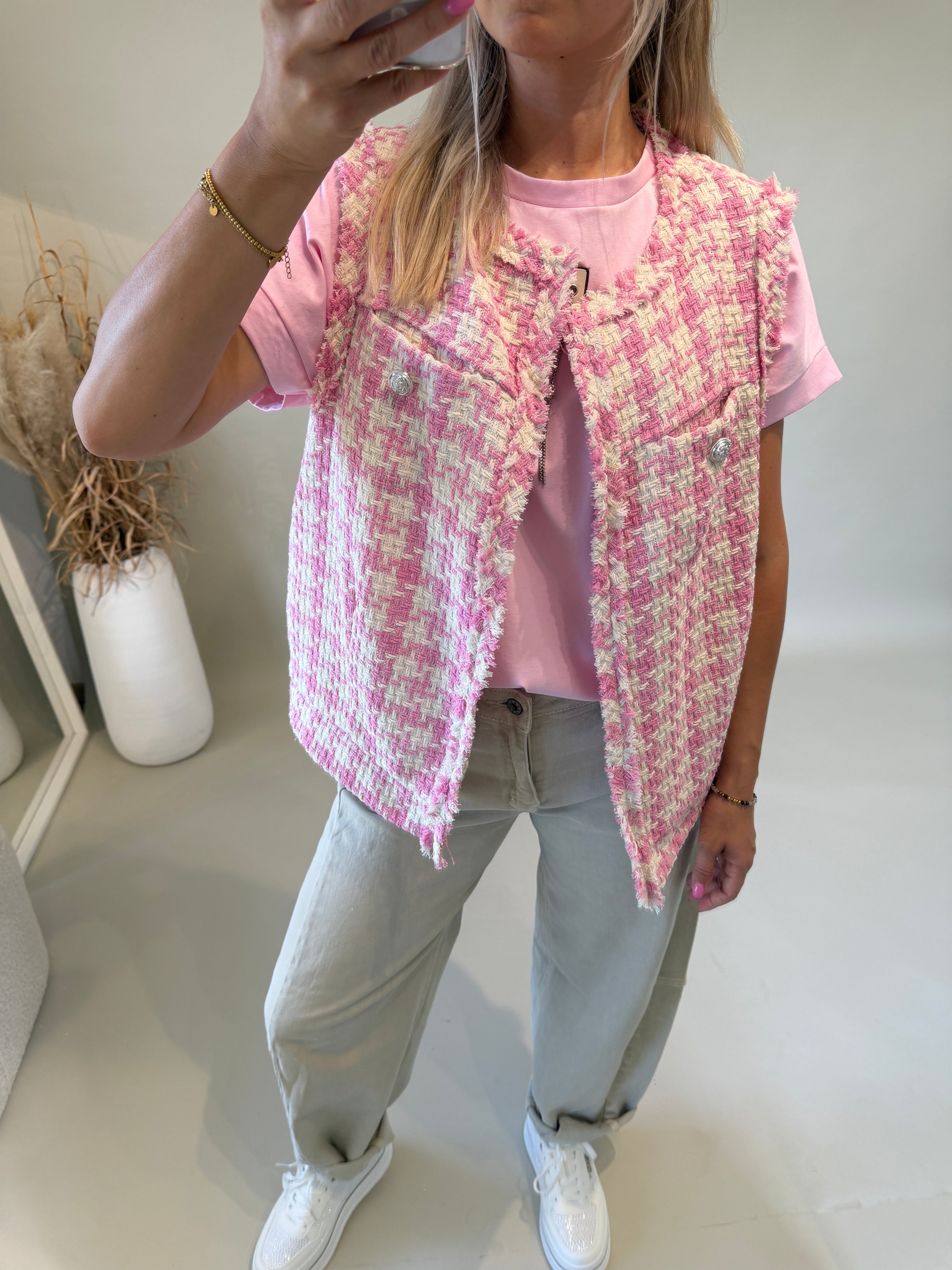 Jacke in Rosa / Beige mit Muster ärmellos
