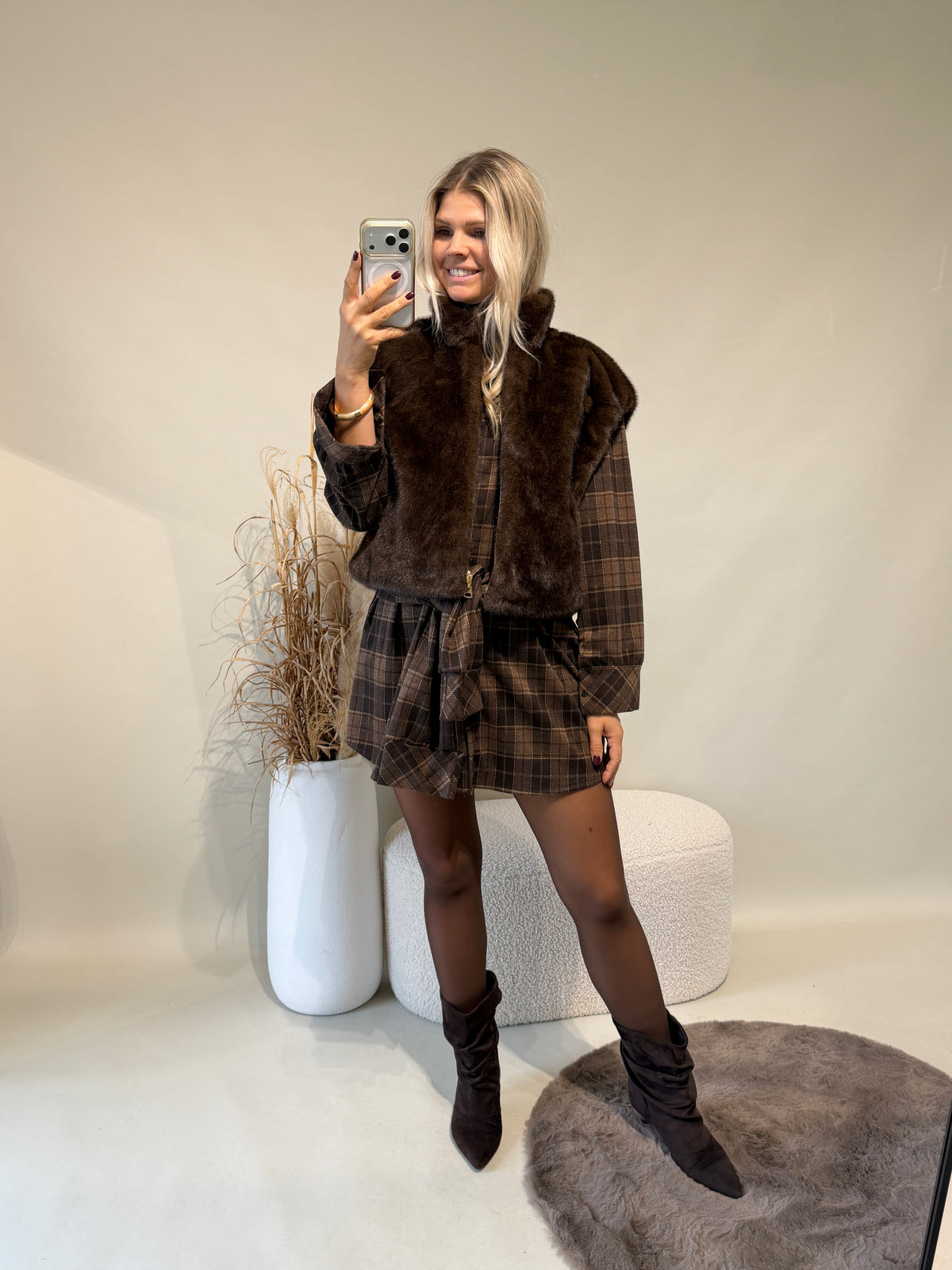 Kleid in Schokobraun / Hellbraun kariert  ( Minikleid )