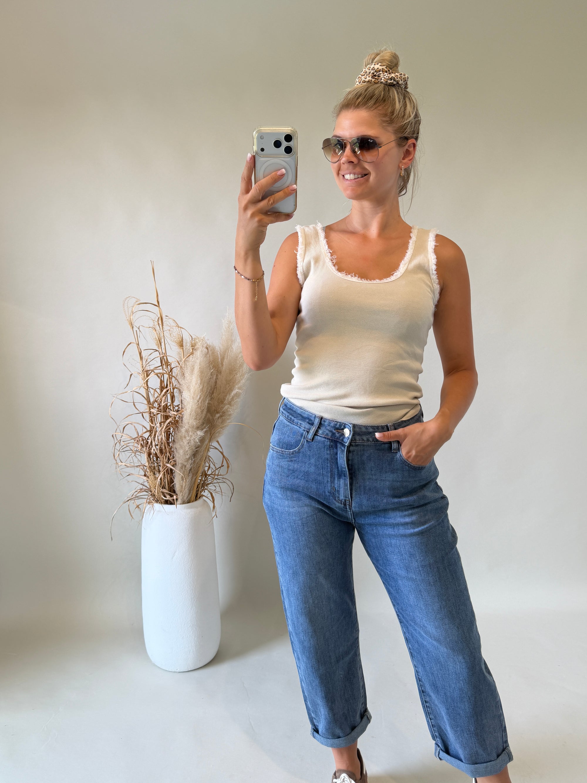 Top in Beige mit Fransen