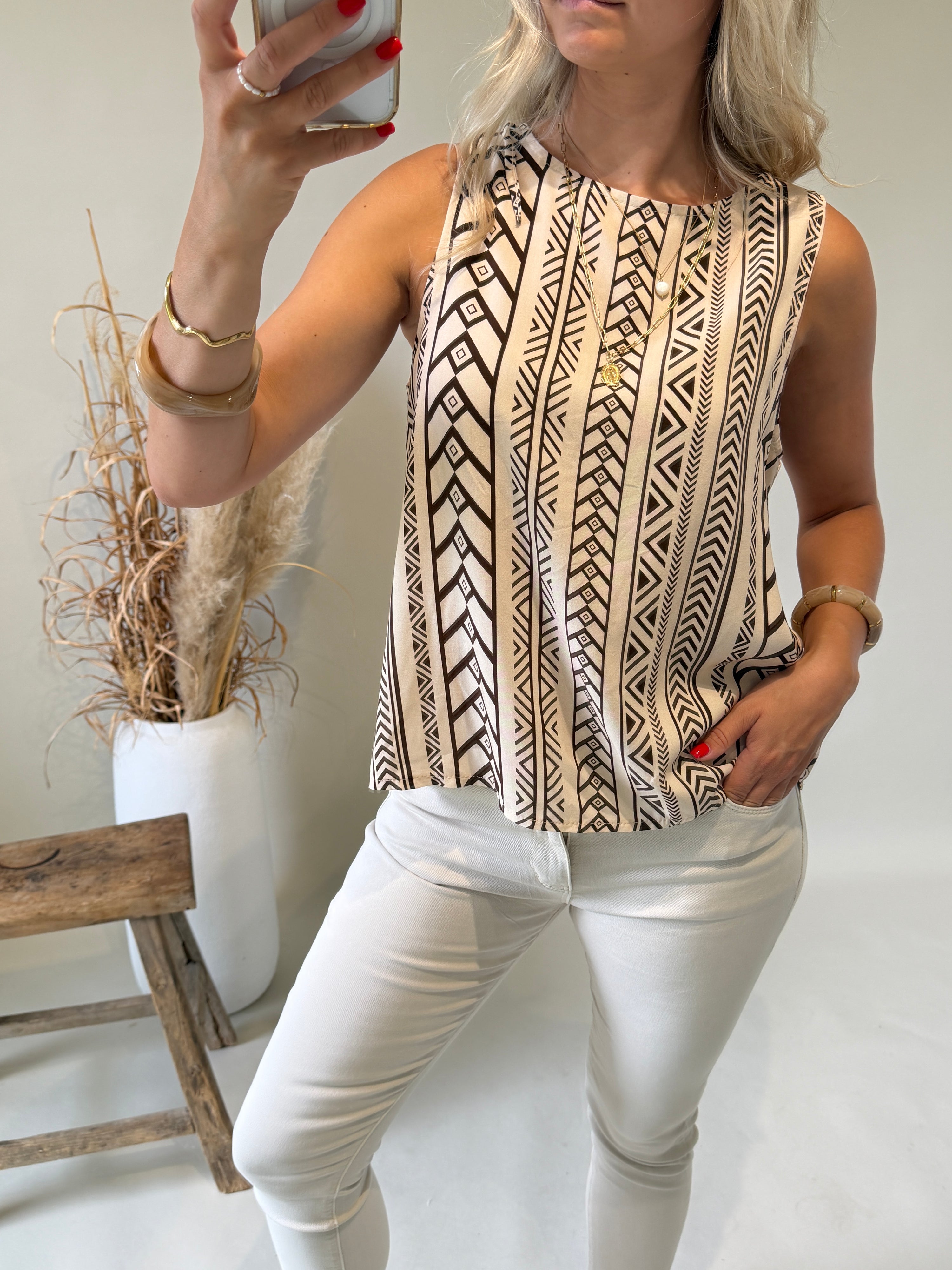 Blusen Top in Beige mit Schokobraunen Muster