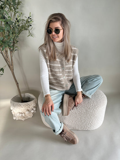 Strickjacke mit Streifen in Beige/ Wollweiß (ärmellos)