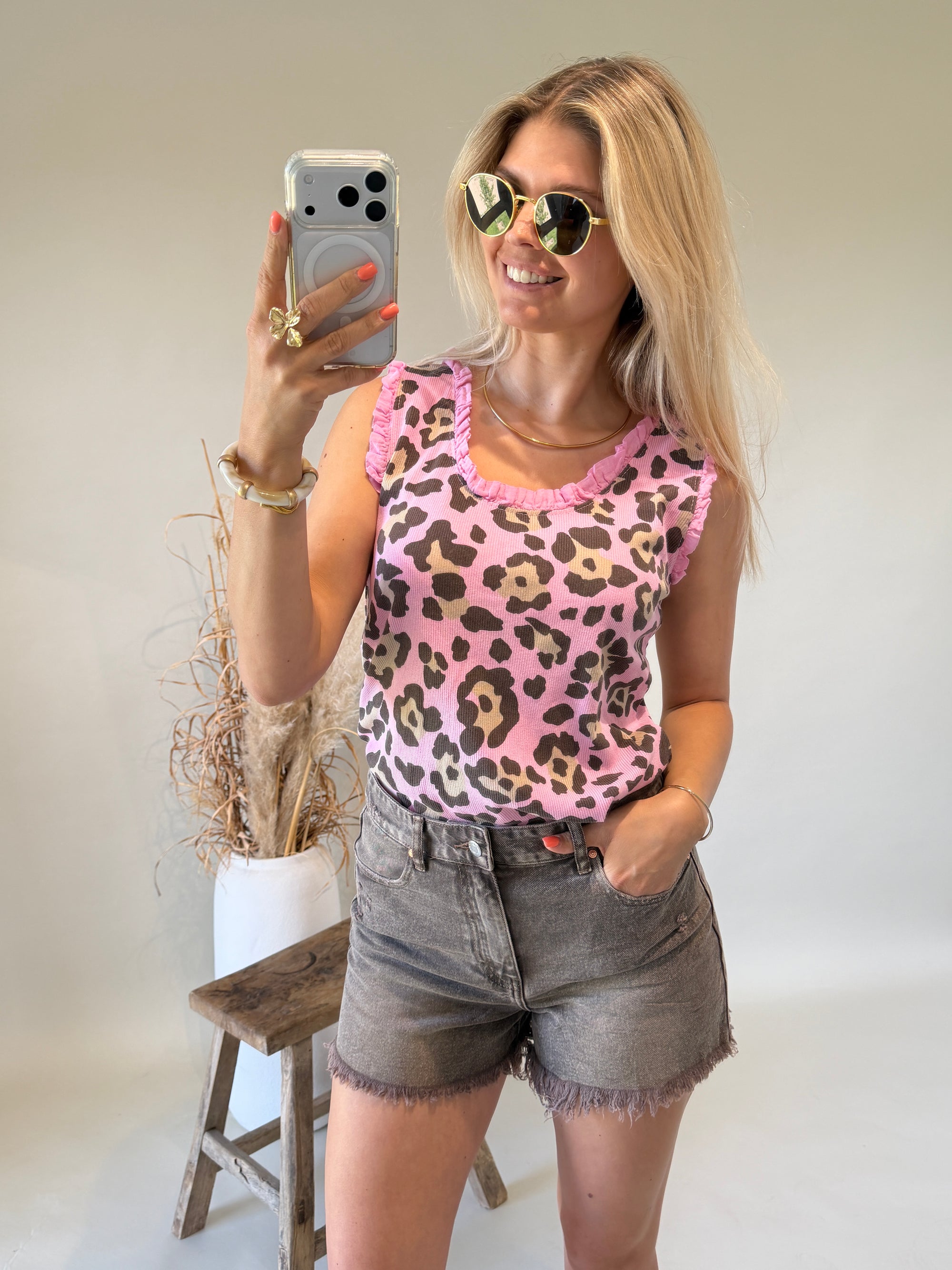 Top in Schokobraun / Pink mit Leo - Muster