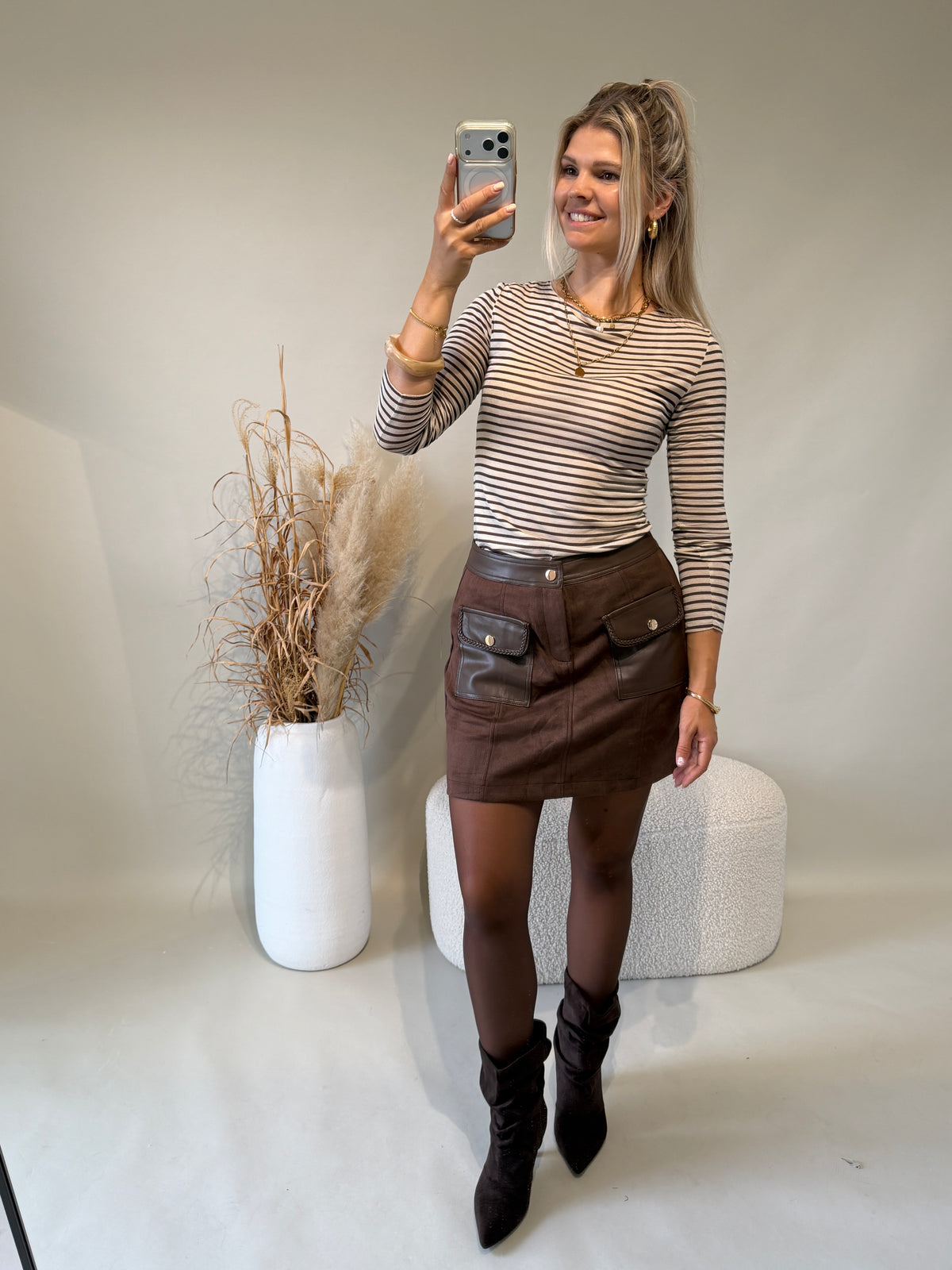 Shirt in Schokobraun / Beige gestreift
