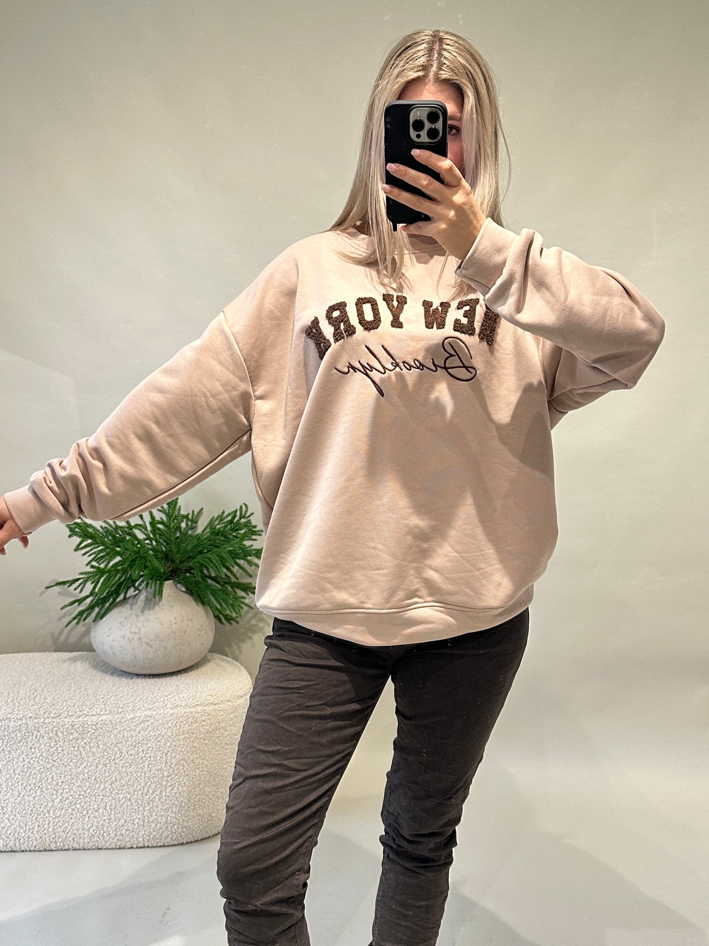 pullover in beige mit aufschrift in schokobraun (new york)