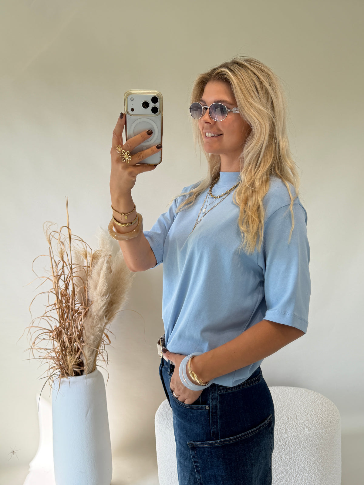 T - Shirt in Hellblau mit Stehkragen
